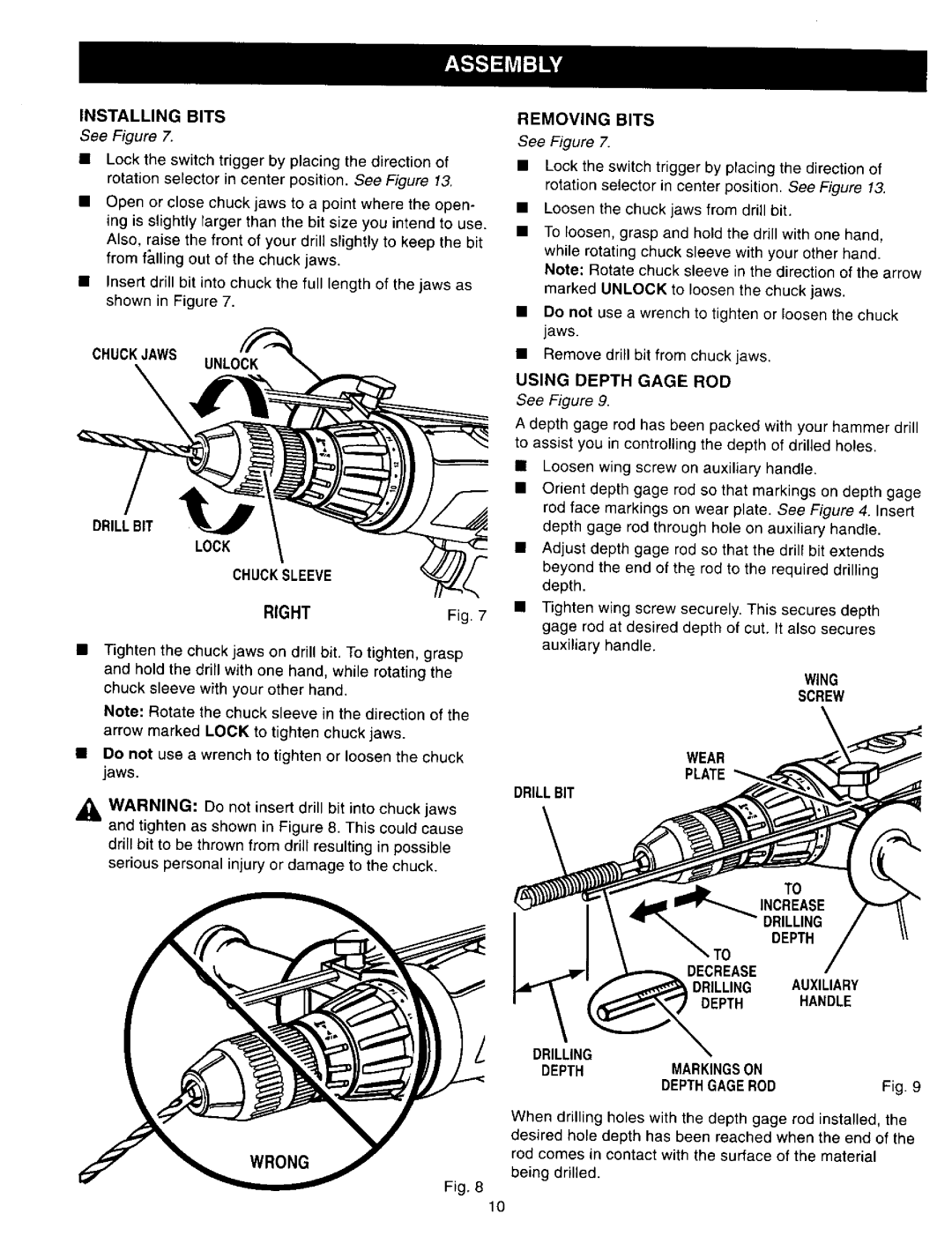 Craftsman 315.27127 owner manual Installing Bits, Chuckjaws Drillbit Lock Chucksleeve, Removing Bits, Using Depth Gage ROD 