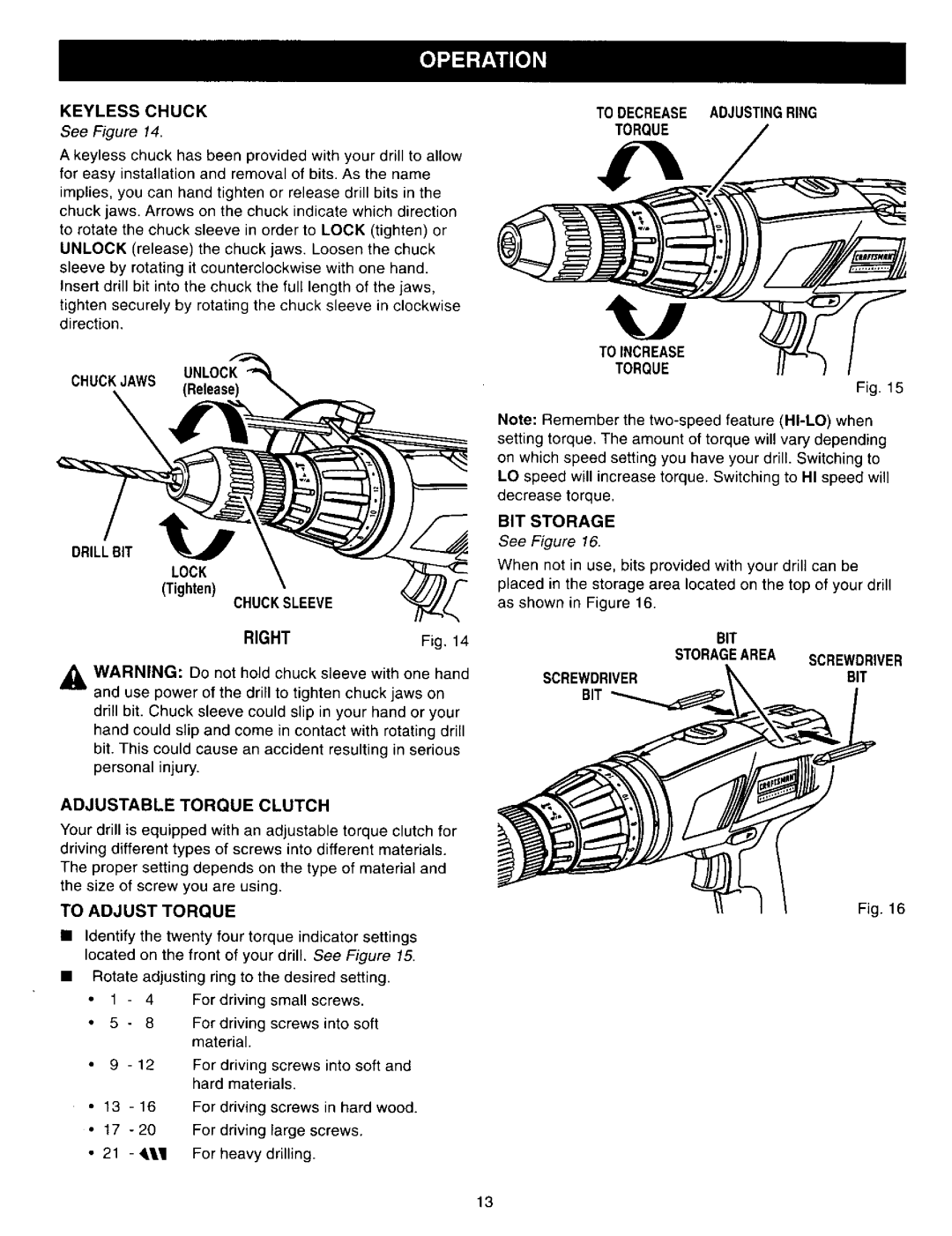 Craftsman 315.27127 owner manual To Decrease Adjustingring Torque, Torque Drillbit, Adjustable Torque Clutch, BIT Storage 