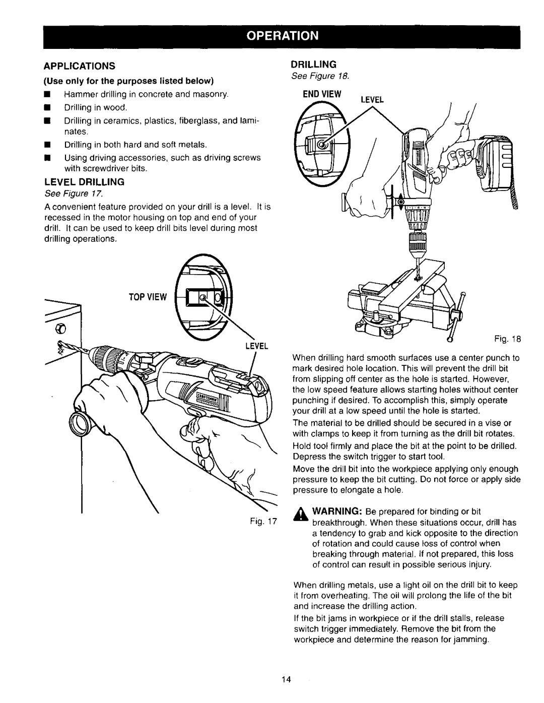 Craftsman 315.27127 Applications, Use only for the purposes listed below, TOP View Level Drilling, END View 