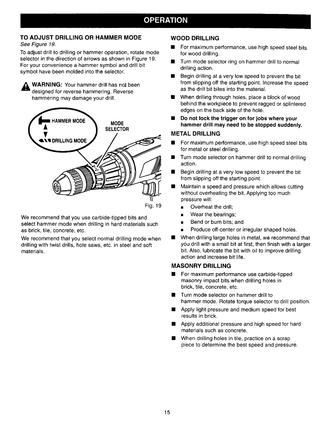 Craftsman 315.27127 To Adjust Drilling or Hammer Mode, Mode Selector, Wood Drilling, Metal Drilling, Masonry Drilling 