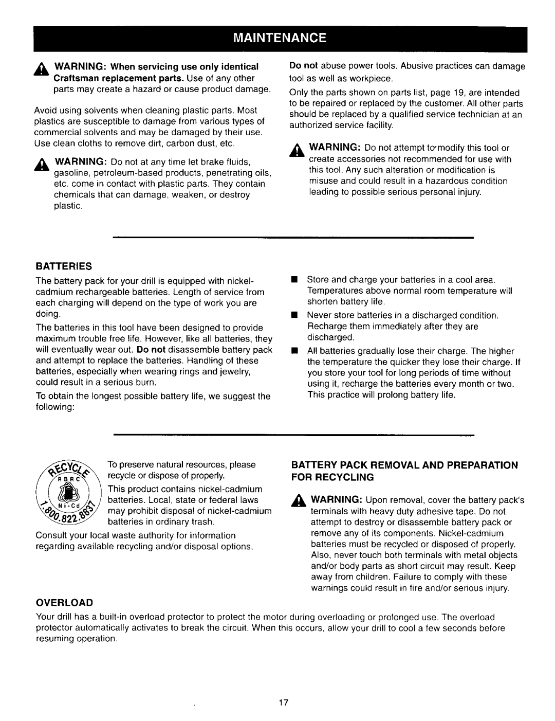 Craftsman 315.27127 owner manual Parts may create a hazard or cause product damage, Batteries, Overload 