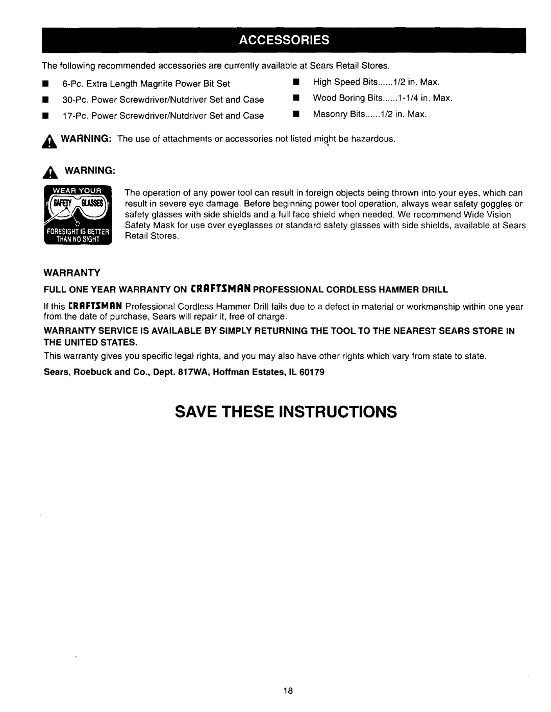 Craftsman 315.27127 owner manual IL Warning, Warranty, Sears, Roebuck and Co., Dept WA, Hoffman Estates, IL 