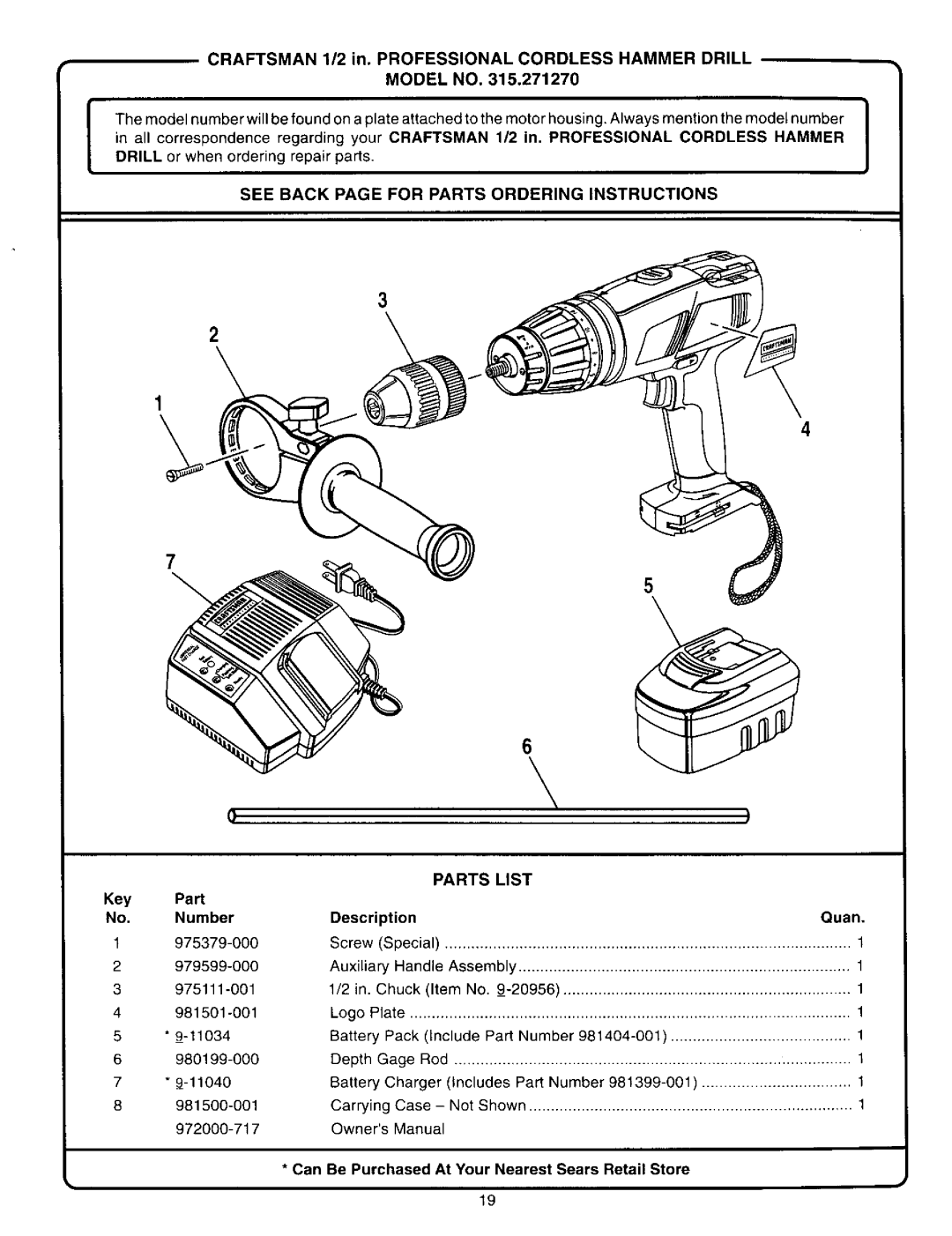 Craftsman 315.27127 owner manual See Back page for Parts Ordering Instructions List, Key Number Description Quan 