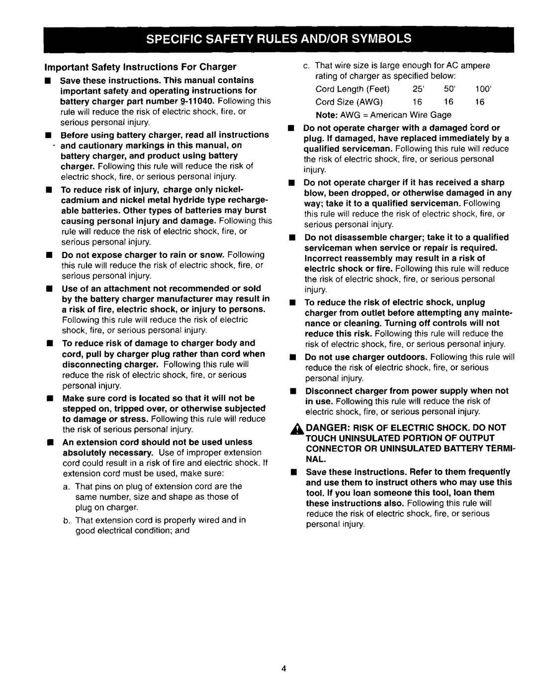 Craftsman 315.27127 owner manual Important Safety Instructions For Charger, Connector or Uninsulated Battery TERMI- NAL 