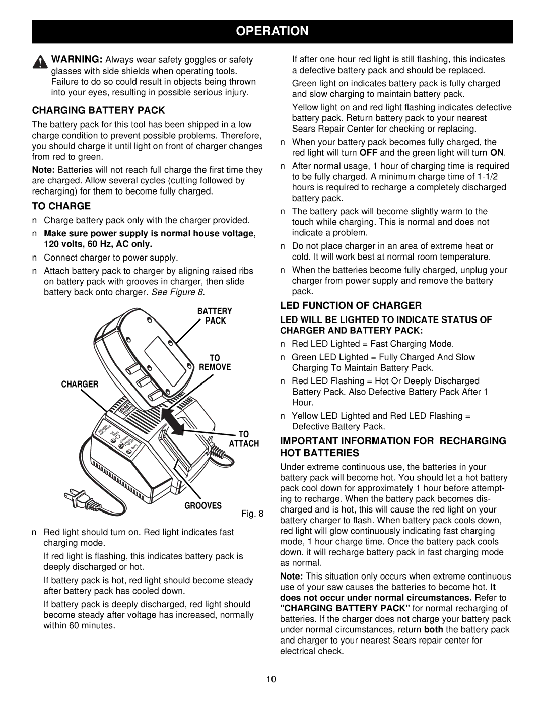 Craftsman 315.27129 Operation, Charging Battery Pack, To Charge, Important Information for Recharging HOT Batteries 