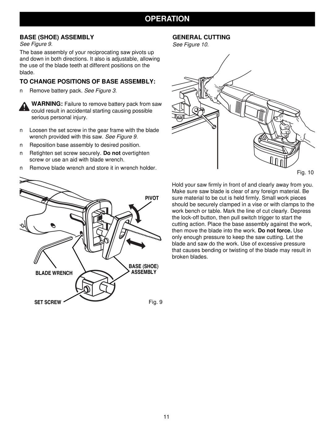 Craftsman 315.27129 owner manual Base Shoe Assembly, To Change Positions of Base Assembly, General Cutting 