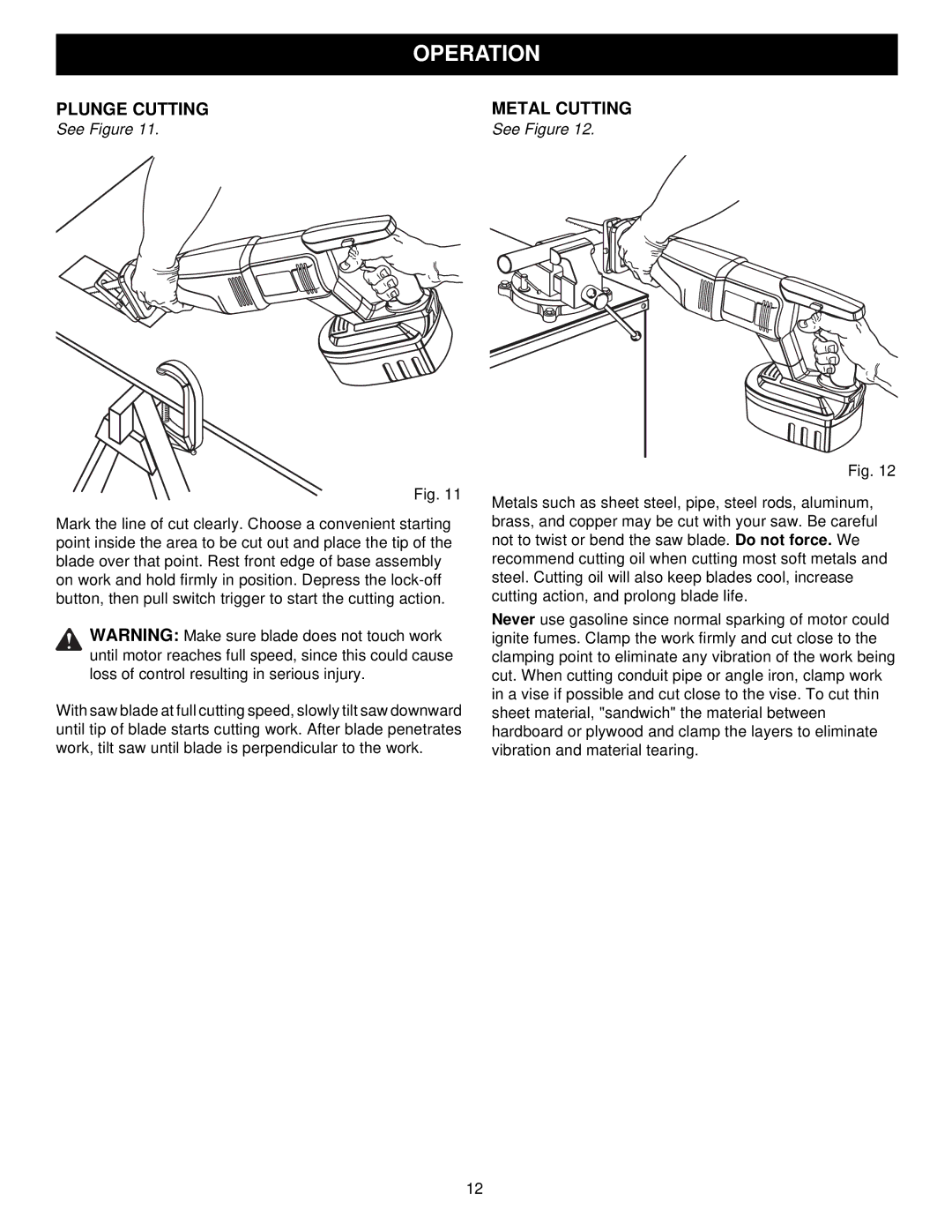 Craftsman 315.27129 owner manual Plunge Cutting, Metal Cutting 