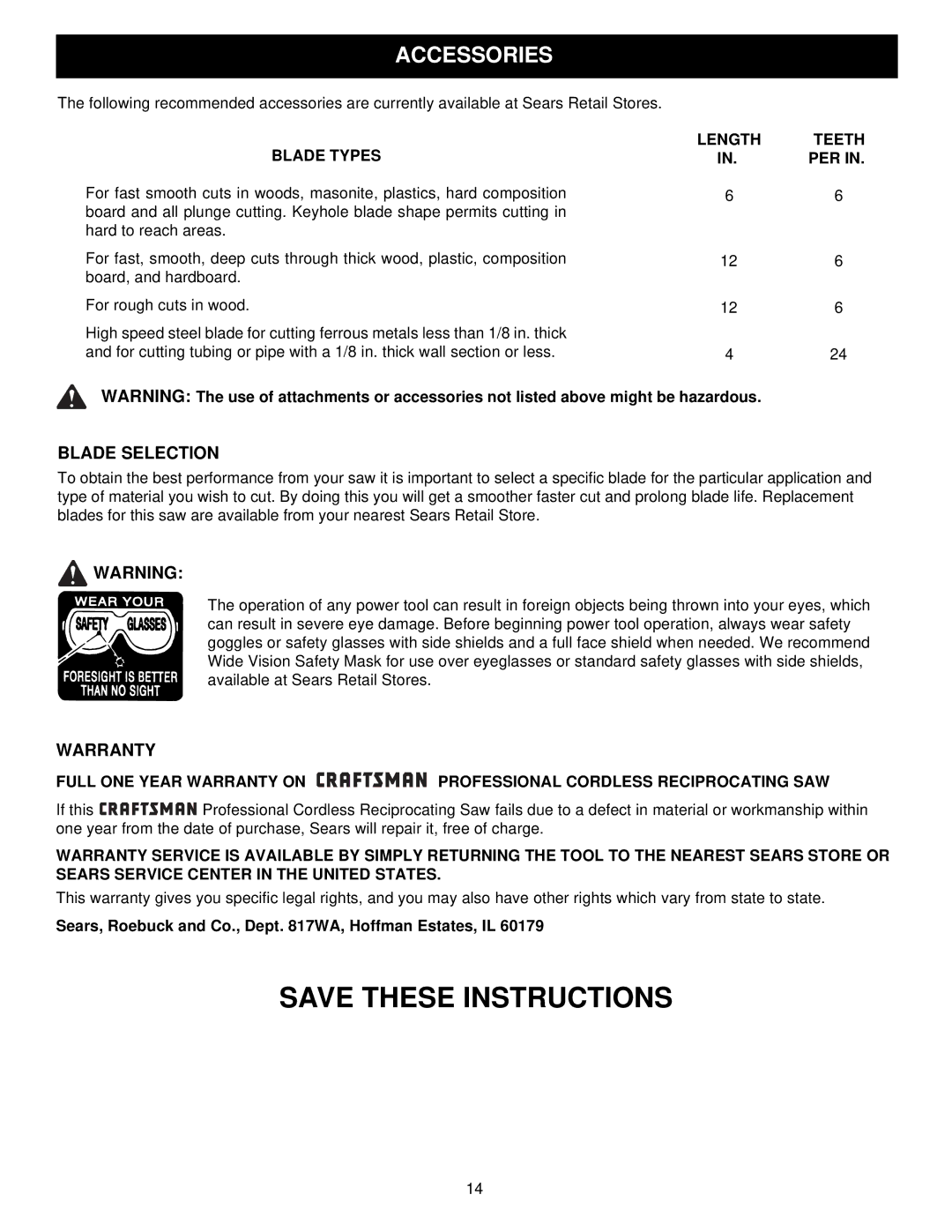 Craftsman 315.27129 owner manual Accessories, Blade Selection, Warranty, Blade Types, Length Teeth PER 