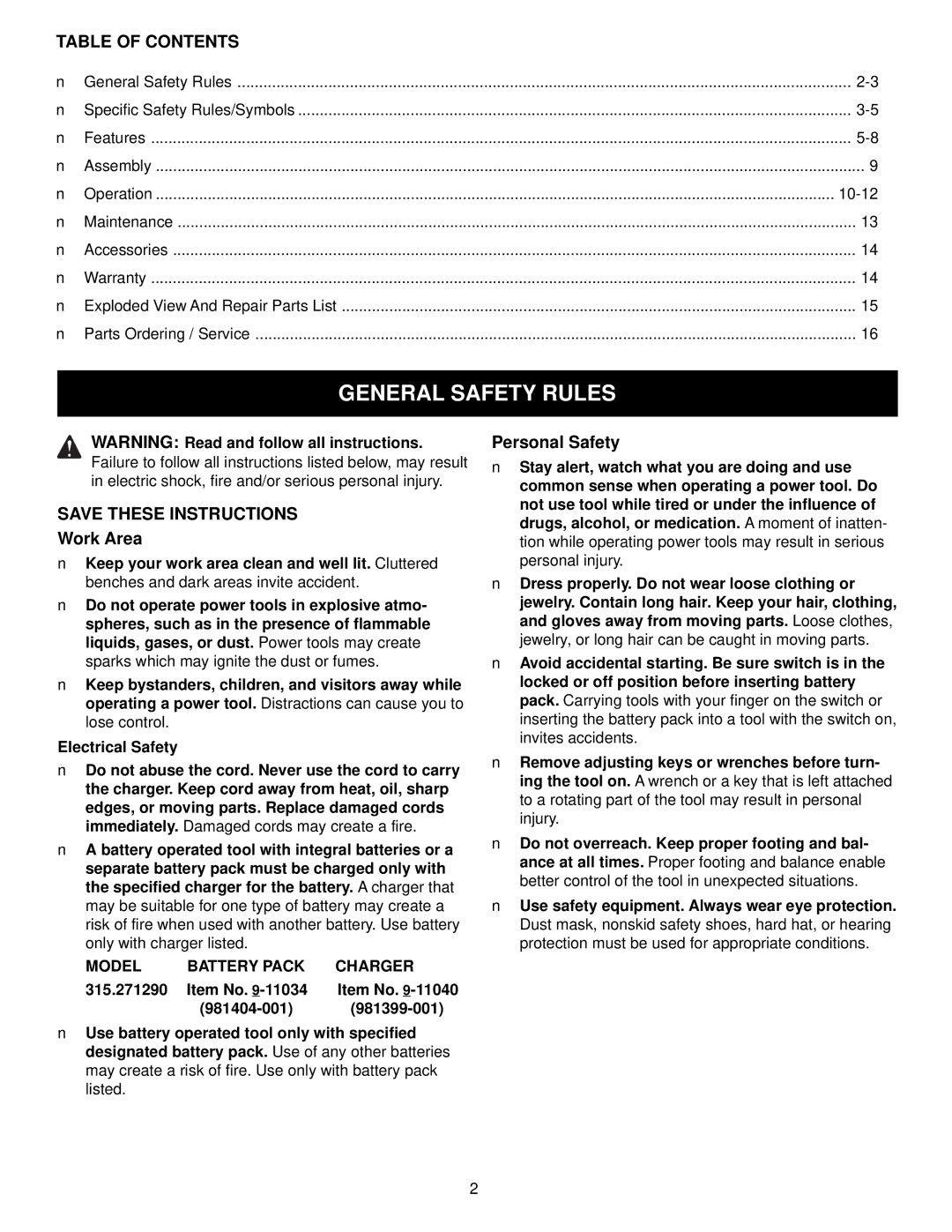 Craftsman 315.27129 owner manual General Safety Rules, Table of Contents 