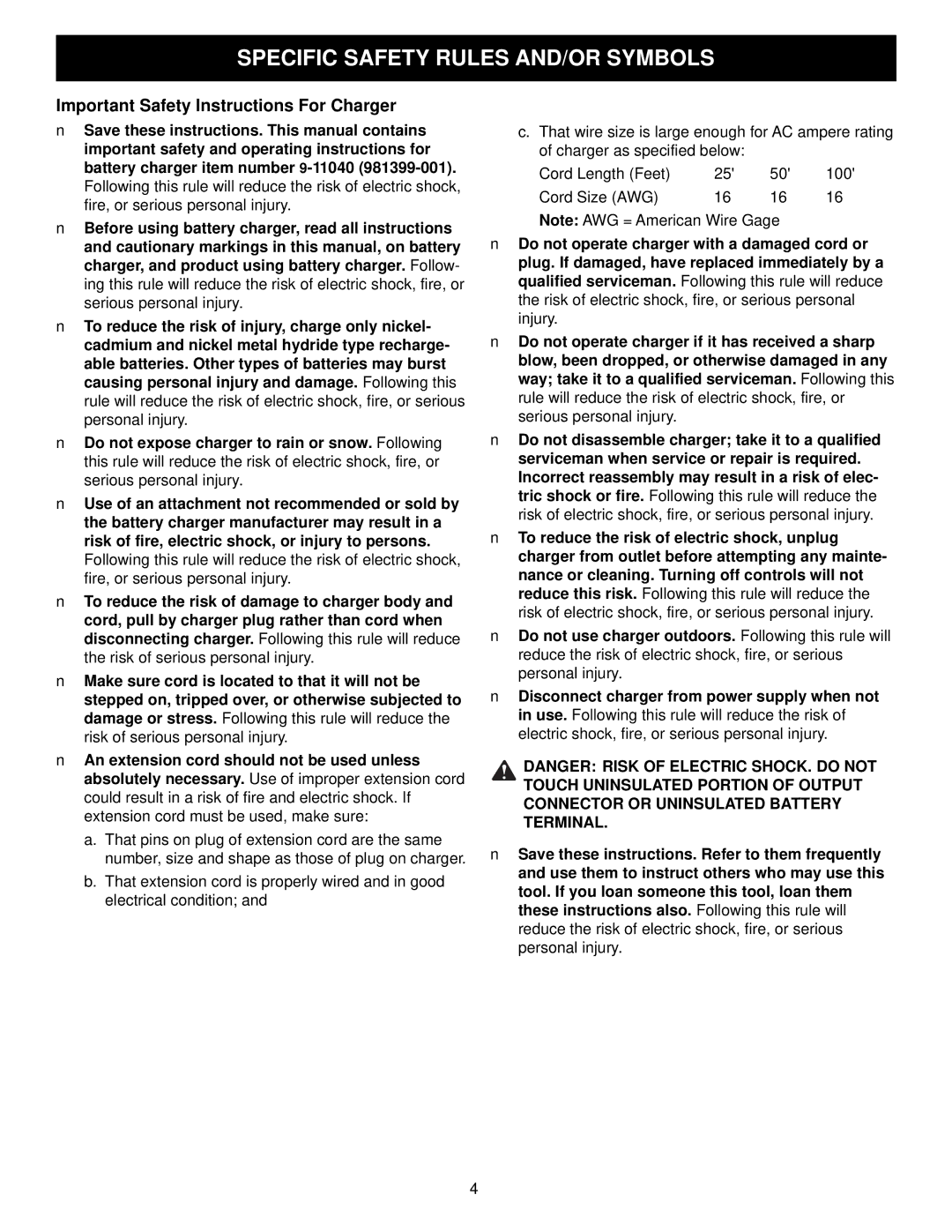 Craftsman 315.27129 owner manual Important Safety Instructions For Charger 