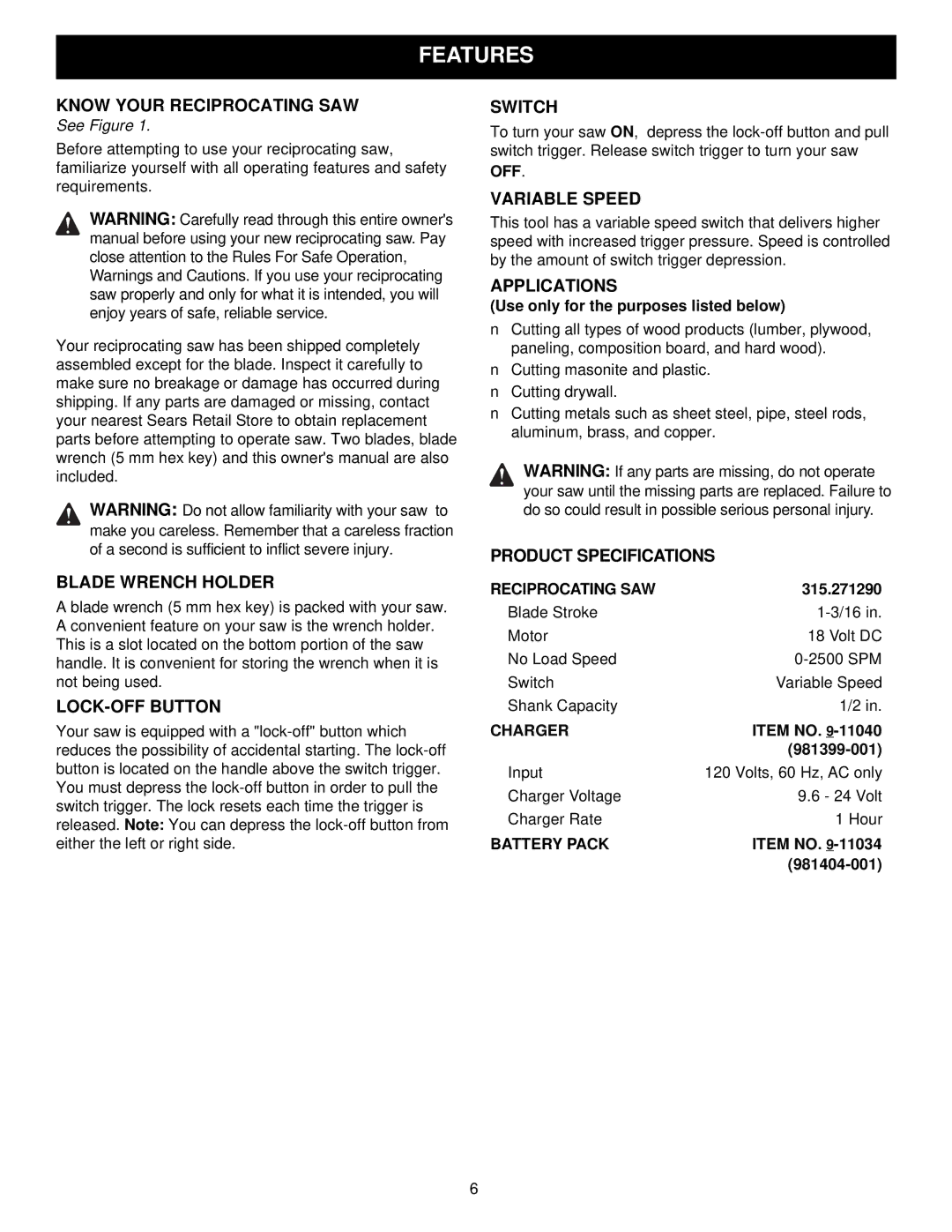 Craftsman 315.27129 owner manual Know Your Reciprocating SAW, Blade Wrench Holder, LOCK-OFF Button, Switch, Variable Speed 