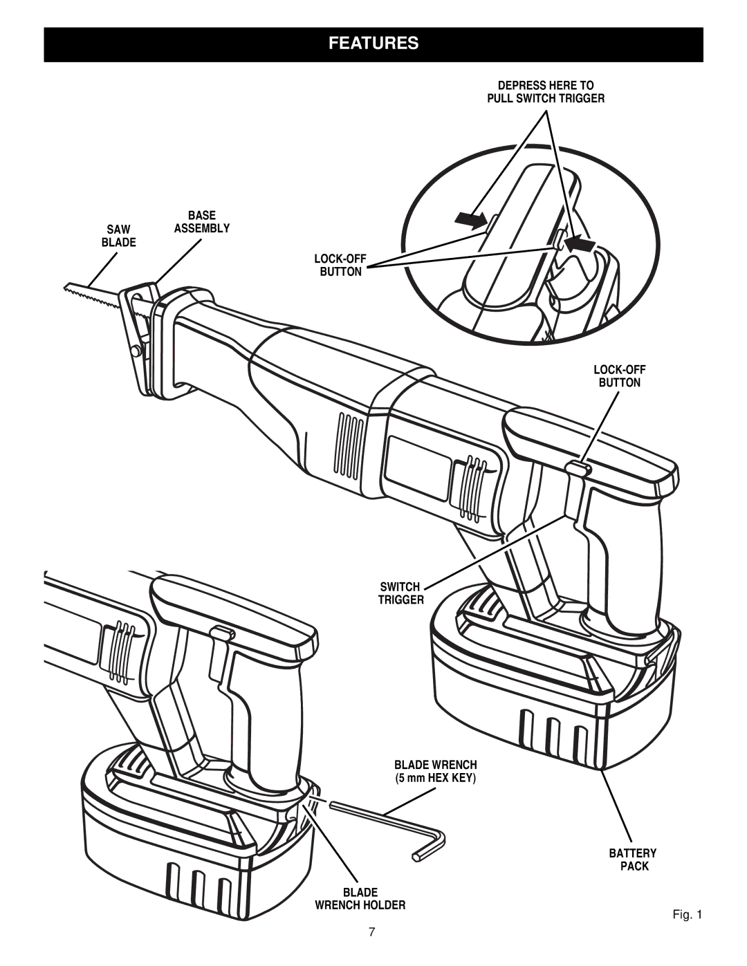 Craftsman 315.27129 owner manual SAW Blade, Battery Pack Blade Wrench Holder 