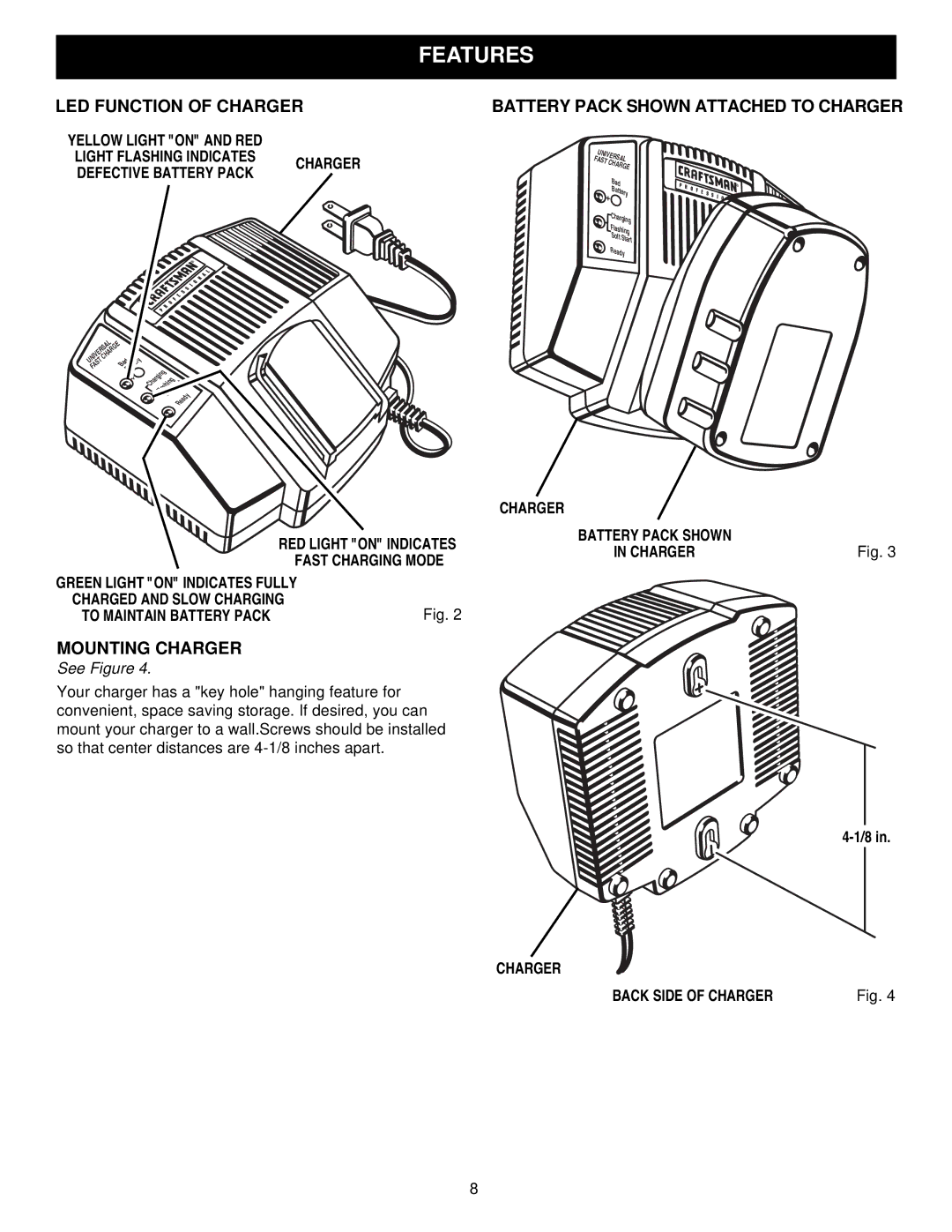 Craftsman 315.27129 owner manual LED Function of Charger, Mounting Charger, Battery Pack Shown Attached to Charger 