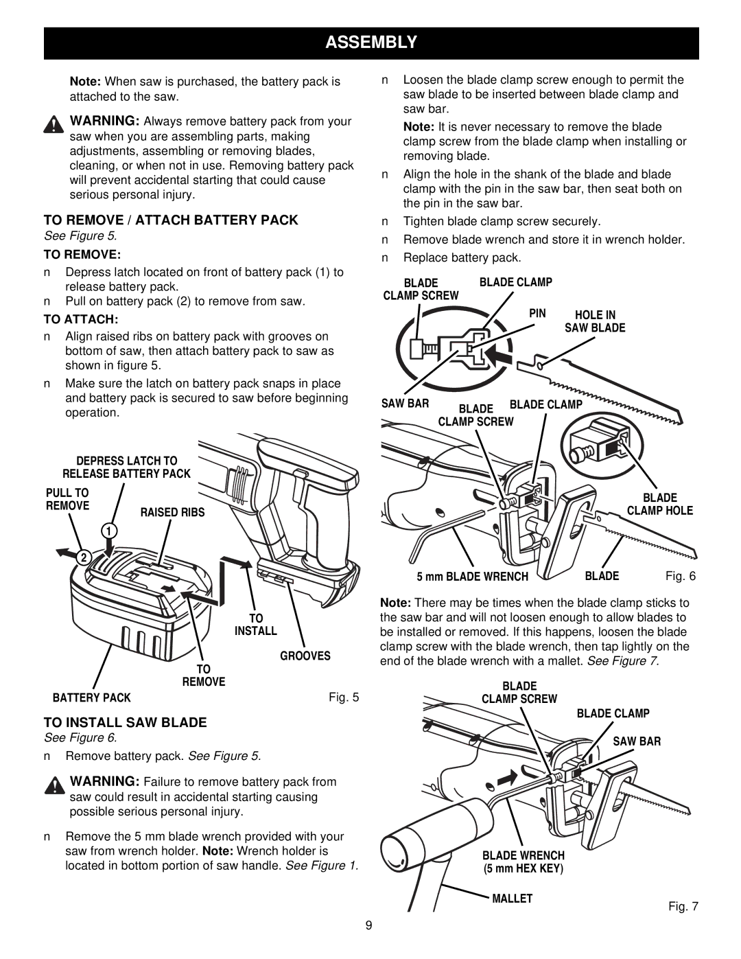 Craftsman 315.27129 owner manual Assembly, To Remove / Attach Battery Pack, To Install SAW Blade 