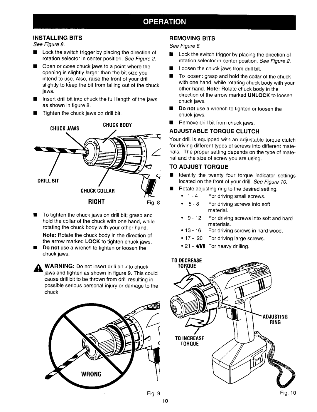 Craftsman 315.27135 Installing Bits, Chuckbody Chuckjaws Drill BIT Chuckcollar, Removing Bits, Adjustable Torque Clutch 