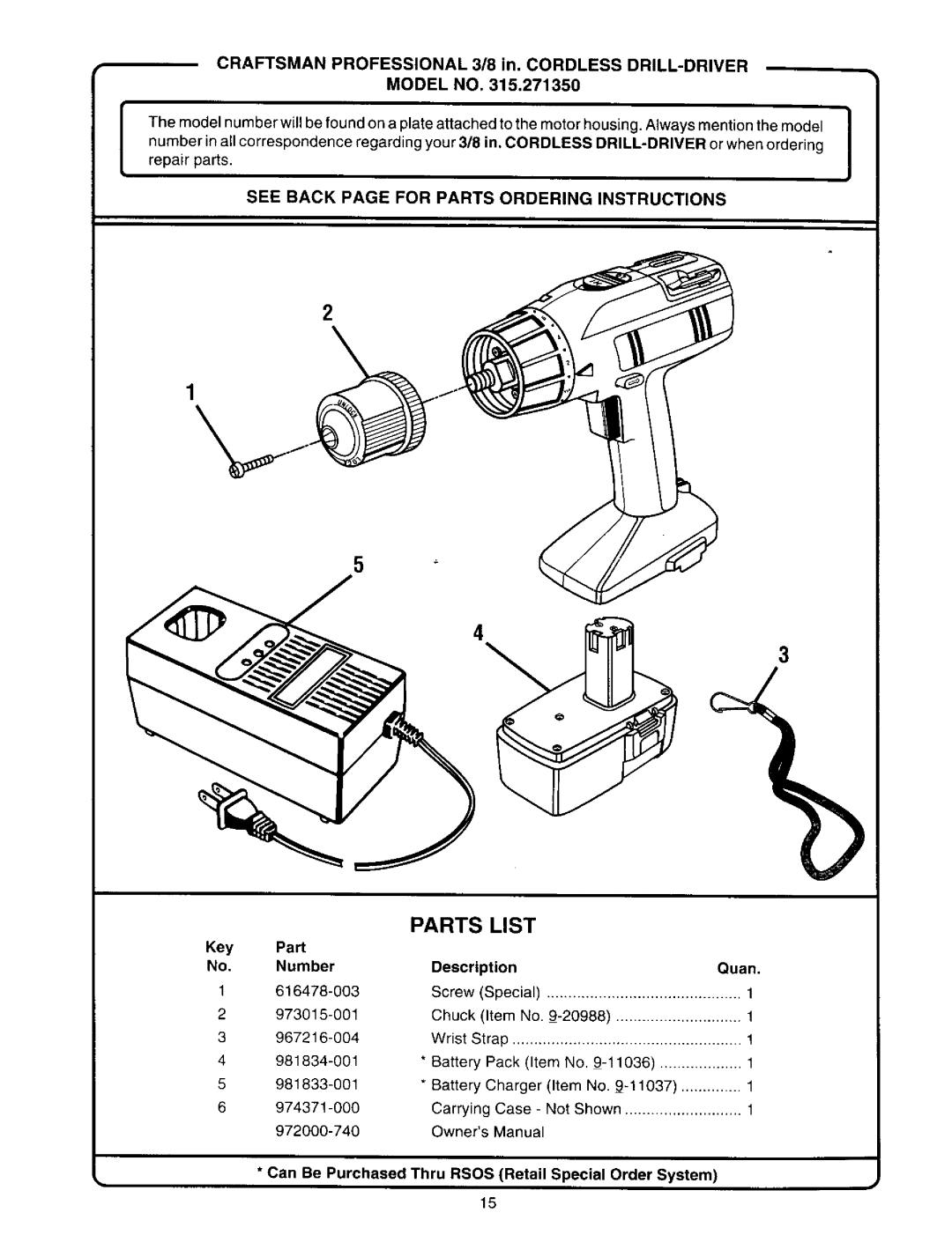 Craftsman 315.27135 owner manual Parts List, See Back page for Parts Orderinginstructions 