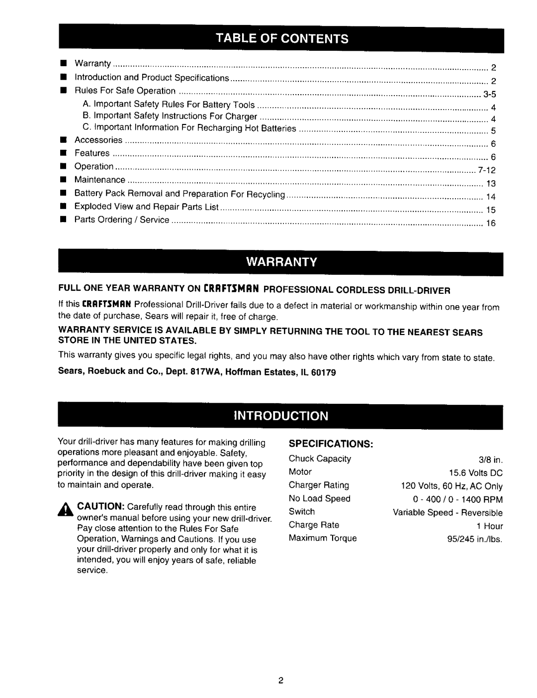 Craftsman 315.27135 owner manual Specifications 