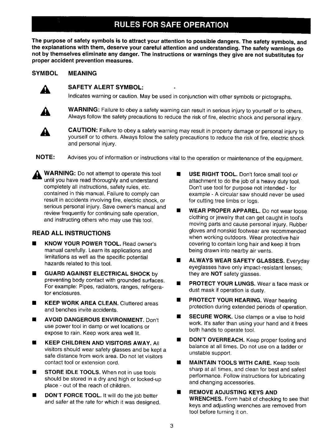 Craftsman 315.27135 Symbol Meaning Safety Alert Symbol, Read ALL Instructions, Avoid Environment, Remove Adjusting Keys 