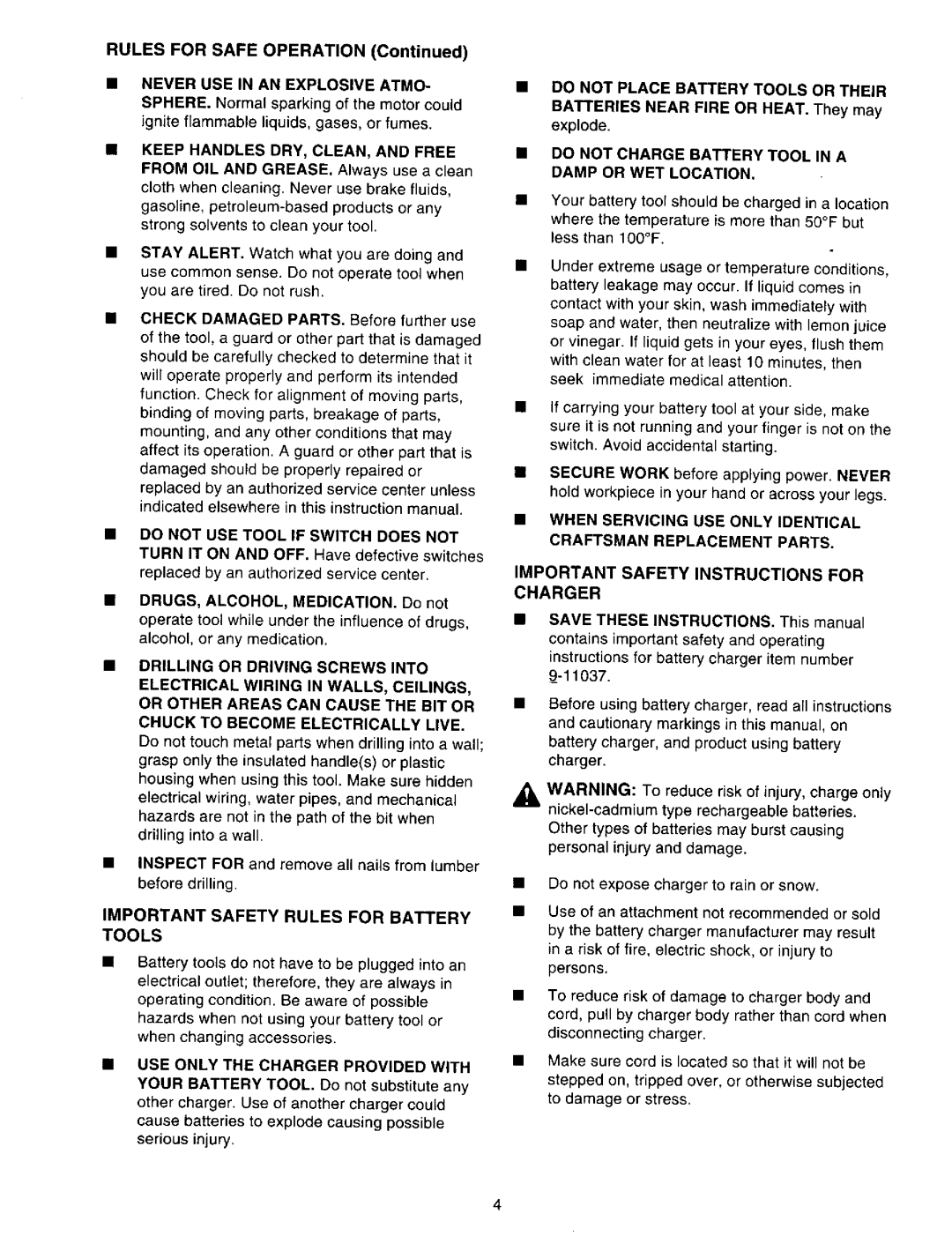 Craftsman 315.27135 owner manual Do not USE Tool if Switch does not, Important Safety Rules for Battery Tools 