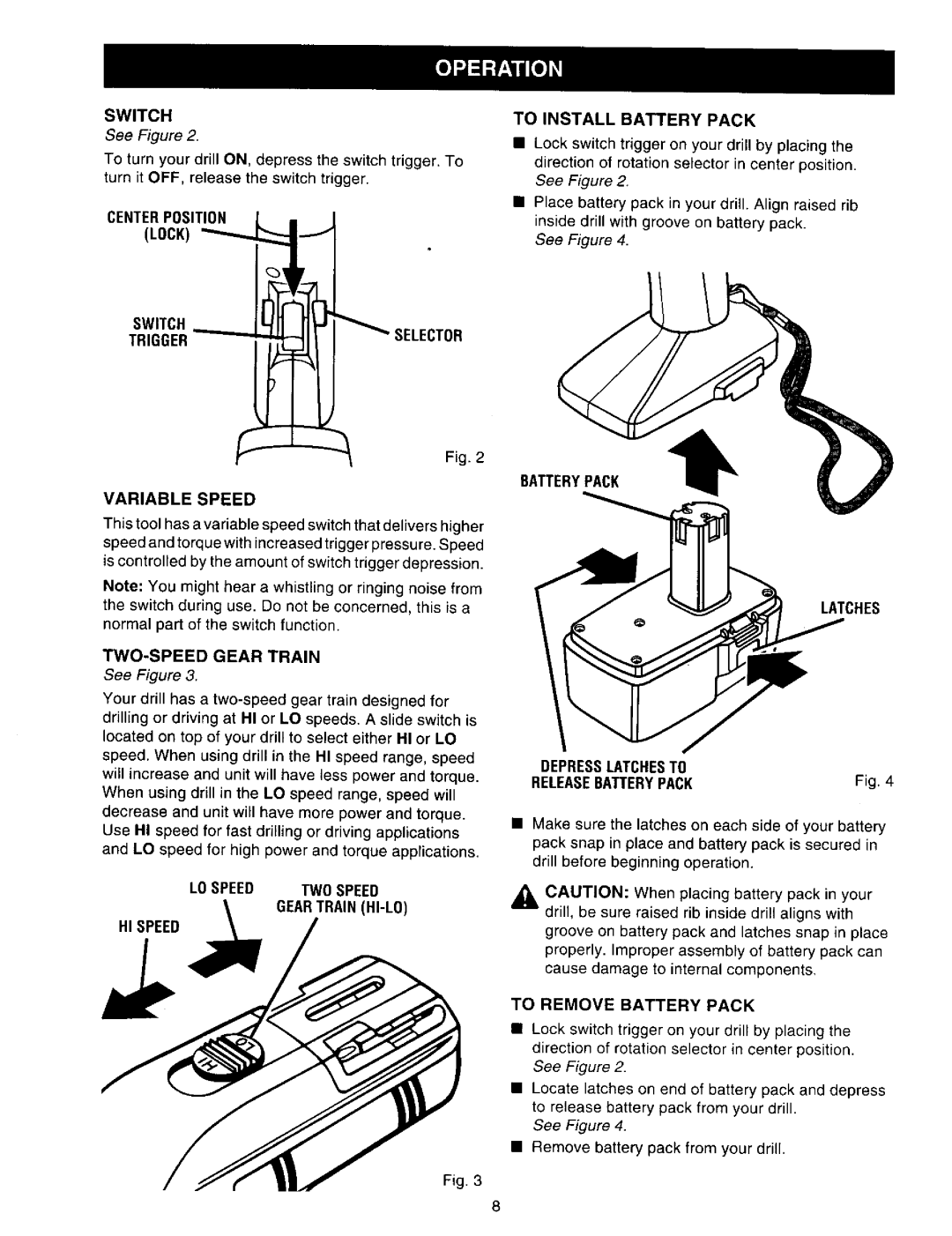 Craftsman 315.27135 owner manual Centerposition L, To Install Battery Pack, Variable Speed, TWO-SPEED Gear Train 