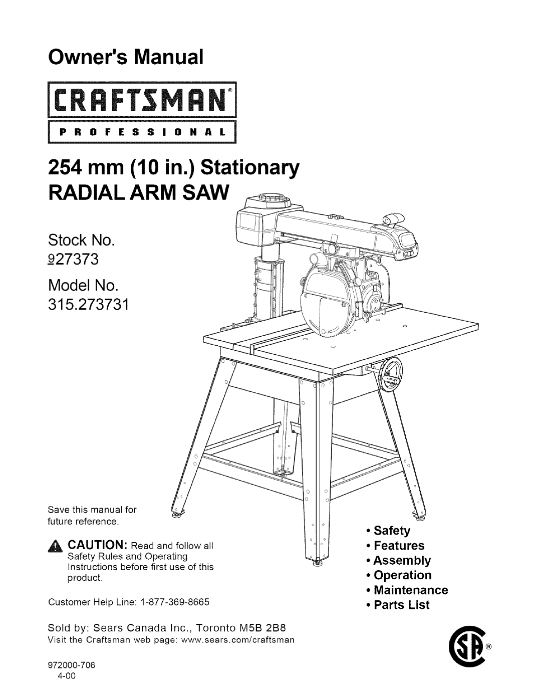 Craftsman 315.273731 owner manual Radial ARM SAW 