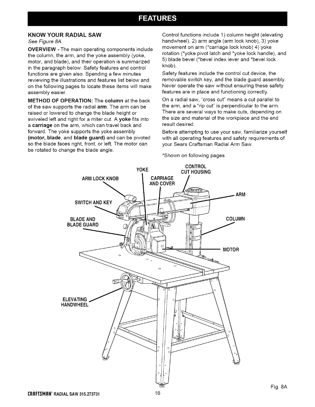 Craftsman 315.273731 owner manual Know Your Radial SAW, See a, Yoke, Motor 