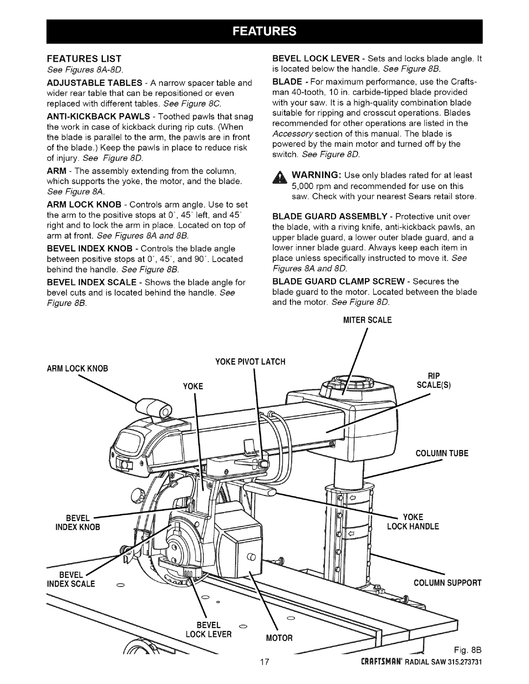 Craftsman 315.273731 See Figures 8A-8D, Miterscale Armlockknob Yokepivotlatch RIP Scales, Lockhandle, Locklever Motor 