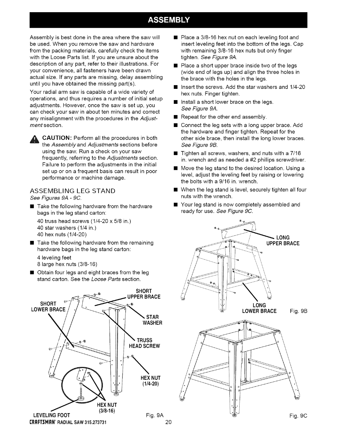 Craftsman 315.273731 owner manual See Figures 9A 9C, Hexnut, Long 