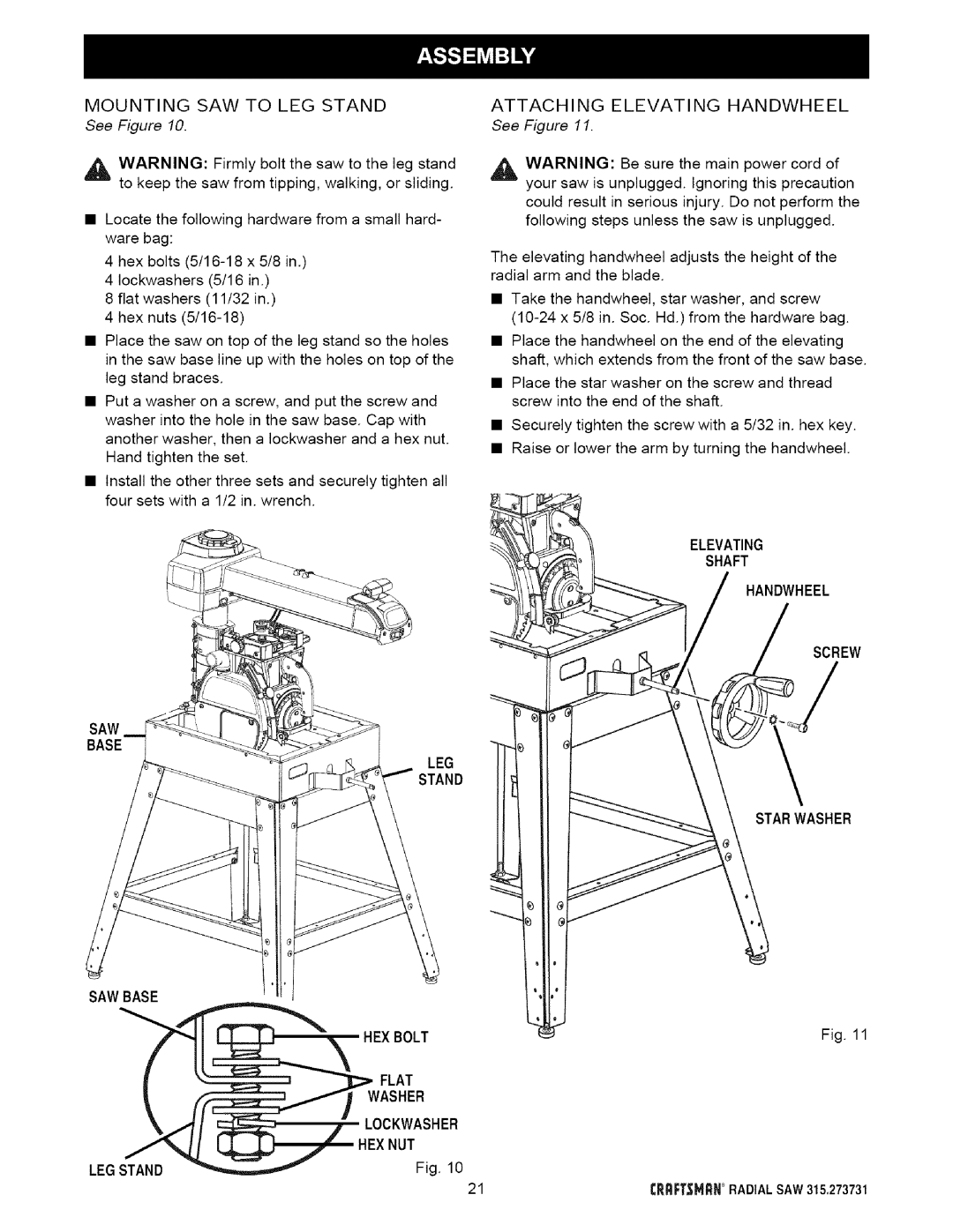 Craftsman 315.273731 owner manual See Figure, Leg, Elevating Shaft Handwheel 