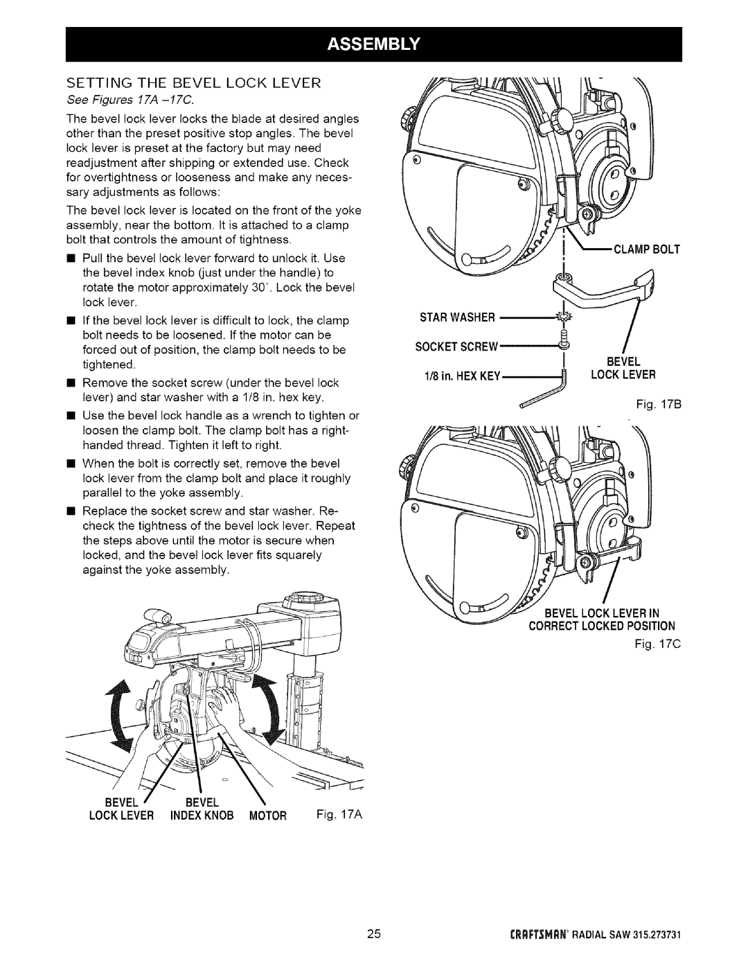 Craftsman 315.273731 See Figures 17A -17C, Clampbolt, Locklever, Bevellockleverin Correctlockedposition Bevel Bevel 