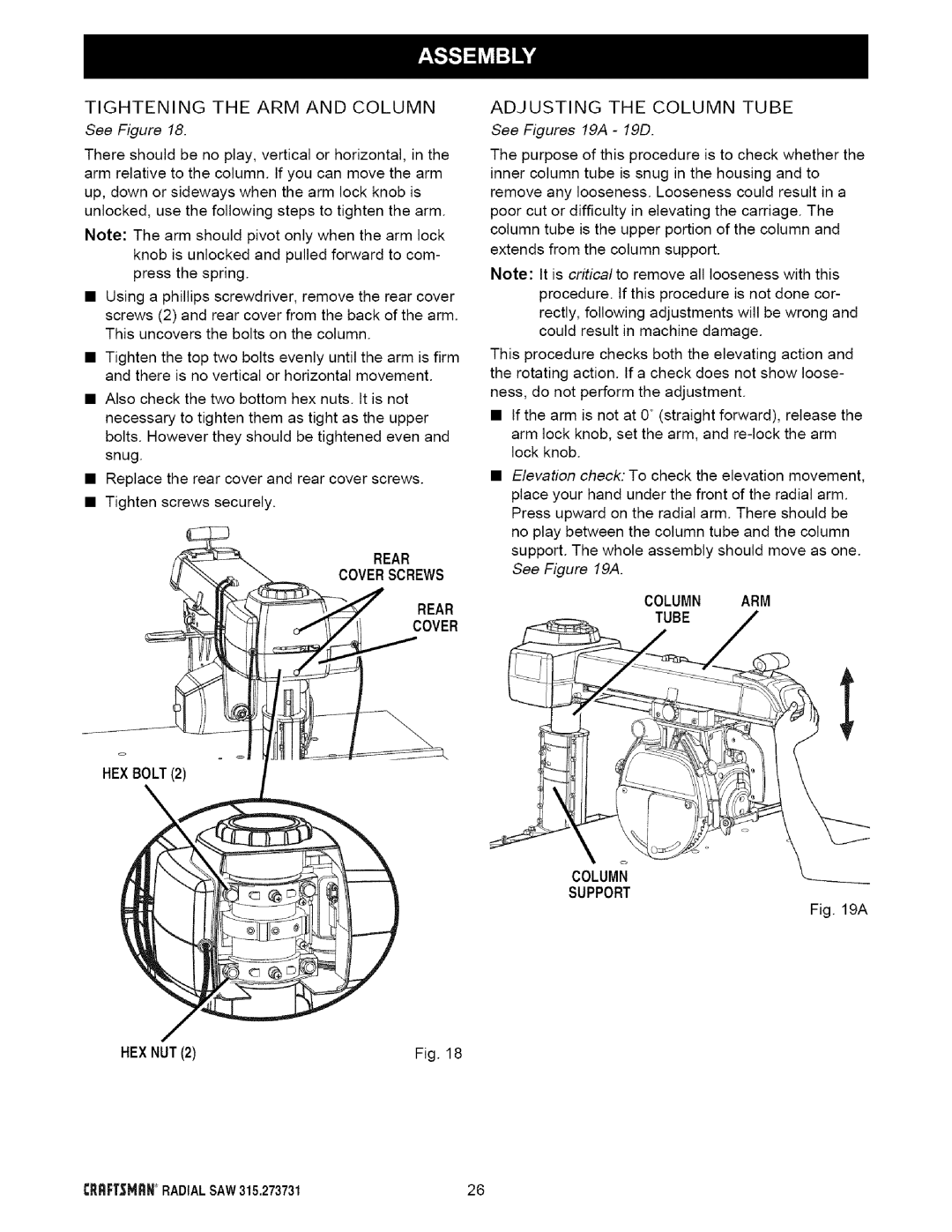 Craftsman 315.273731 owner manual See Figures 19A 19D, Tube 