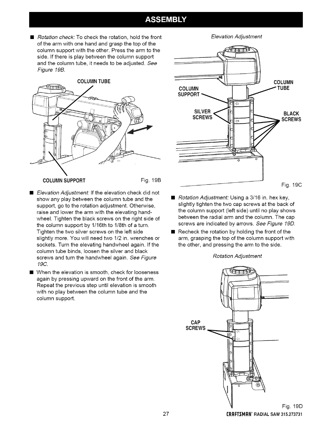 Craftsman 315.273731 owner manual Columntube Columnsupport, Rotation Adjustment, CAP Screws 