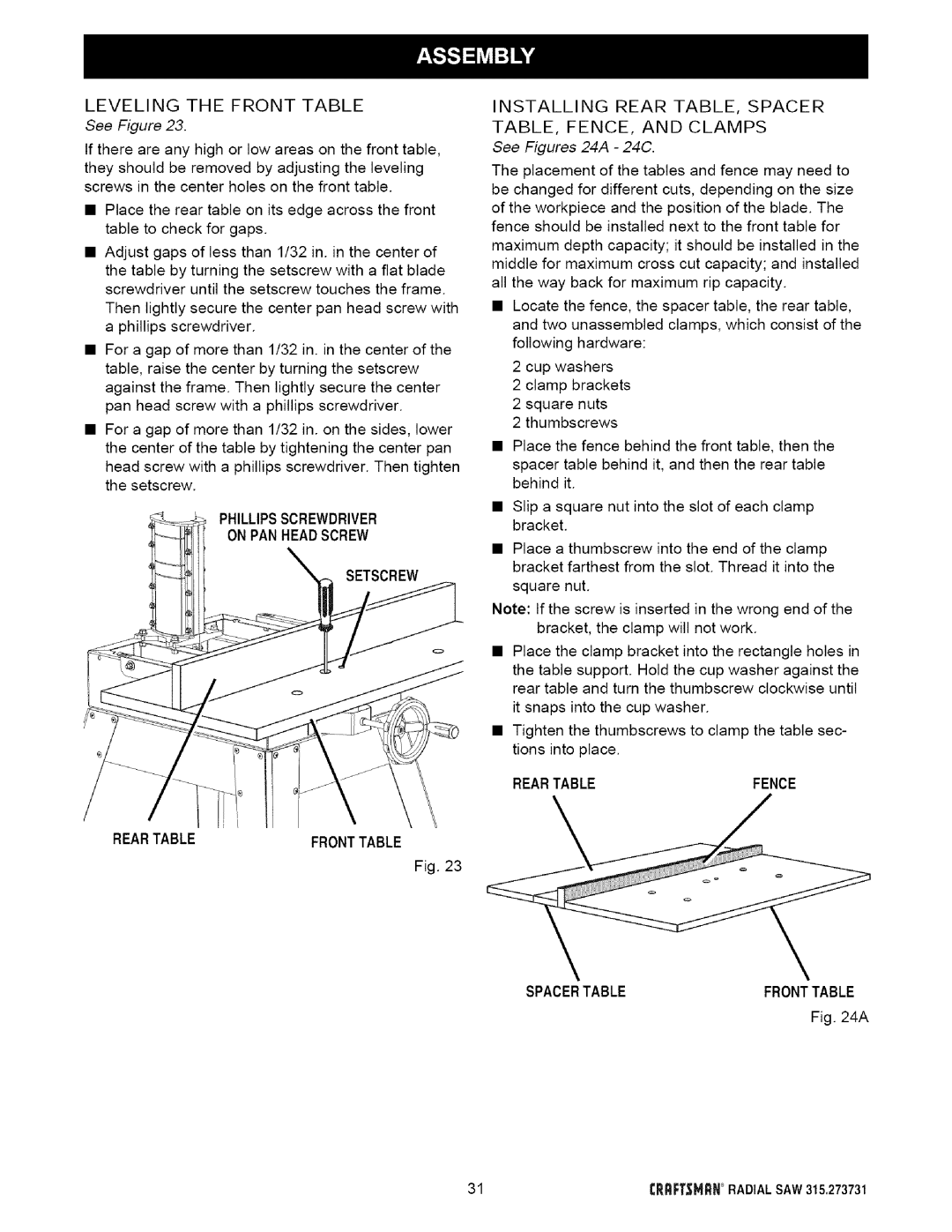 Craftsman 315.273731 Leveling the Front Table, Phillipsscrewdriver On PAN Headscrew Setscrew, See Figures 24A 24C 