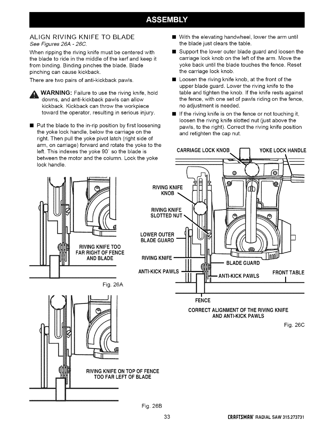 Craftsman 315.273731 owner manual See Figures 26A 26C, Knob, 3KPAWLS, Rivingknifeontop of Fence TOO Farleftof Blade 