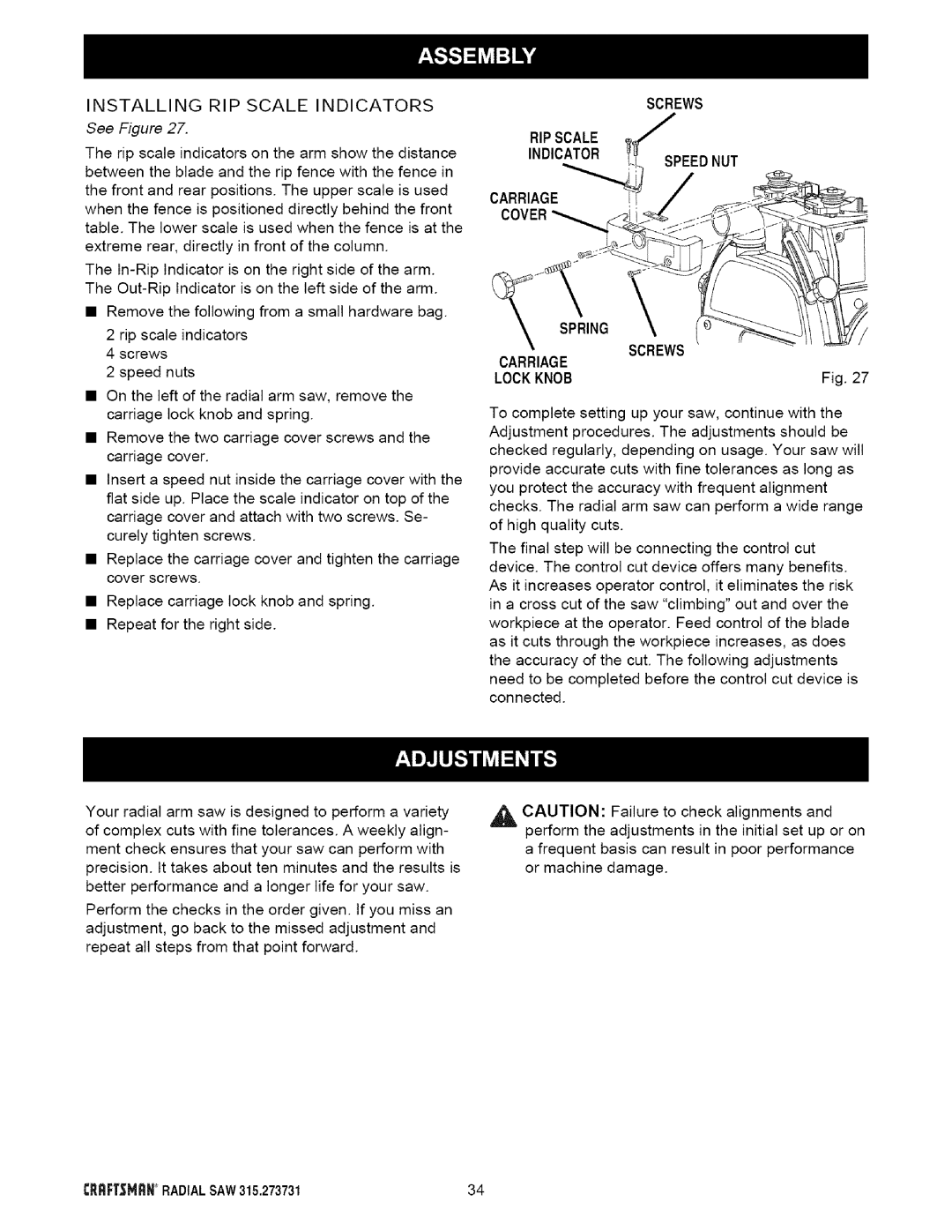 Craftsman 315.273731 Installing RIP Scale Indicators, Ripscale Indicator Carriage Cover Speednut, Spring Carriage Screws 