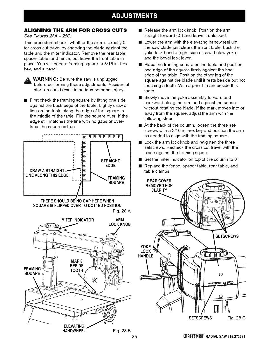 Craftsman 315.273731 Aligning the ARM for Cross Cuts, Linealongthis Edge, Square, Miterindicatorarm Lockknob 