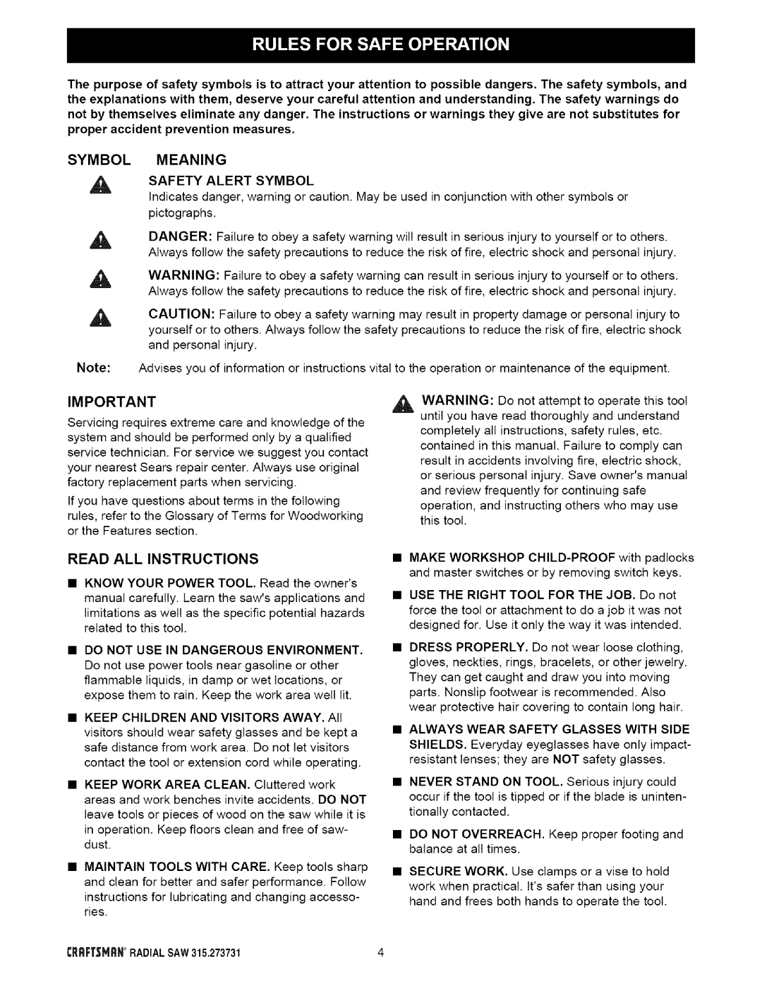 Craftsman 315.273731 owner manual Safety Alert Symbol, Equipment, Always Wear Safety Glasses with Side 