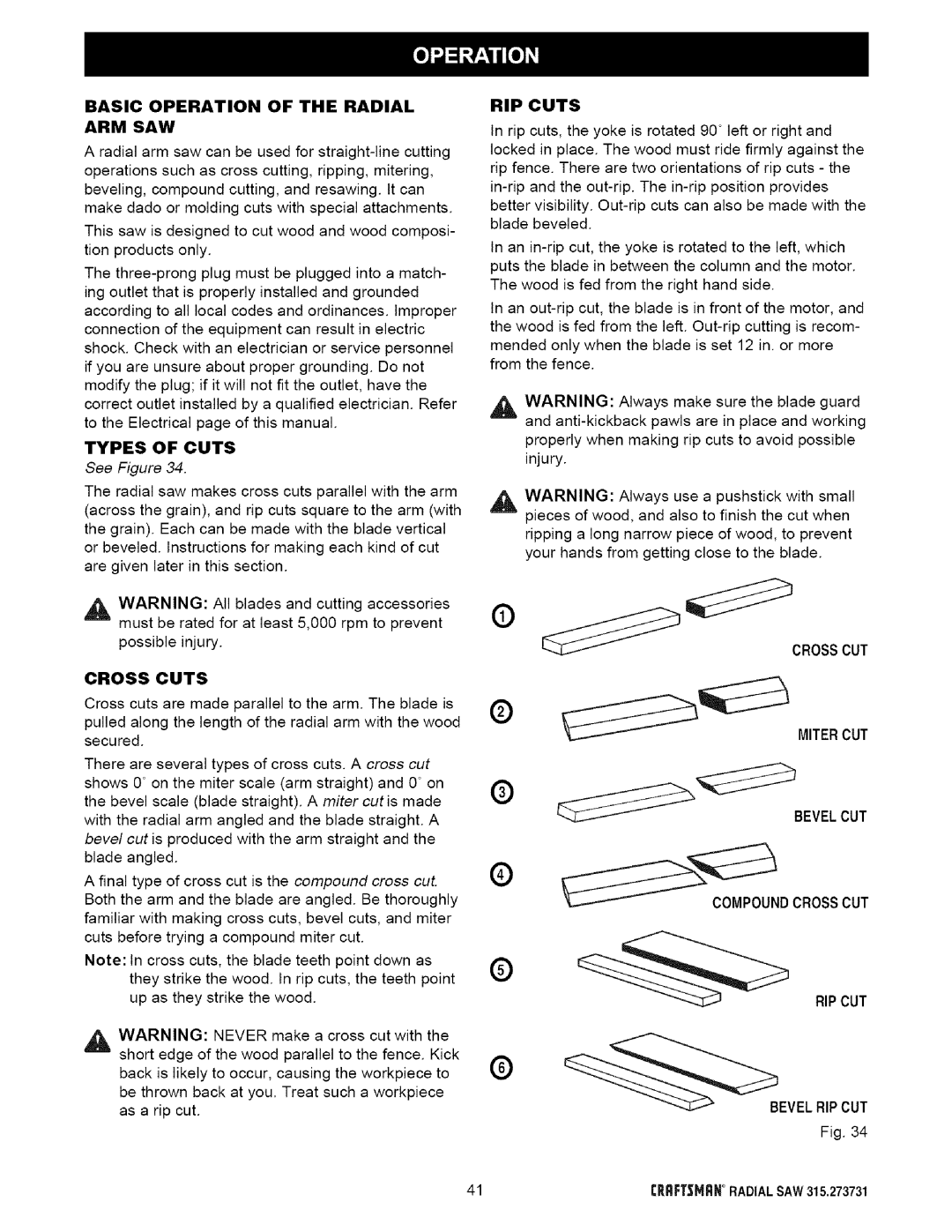 Craftsman 315.273731 owner manual Basic Operation of the Radial ARM SAW, Types of Cuts, Cross Cuts, RIP Cuts 