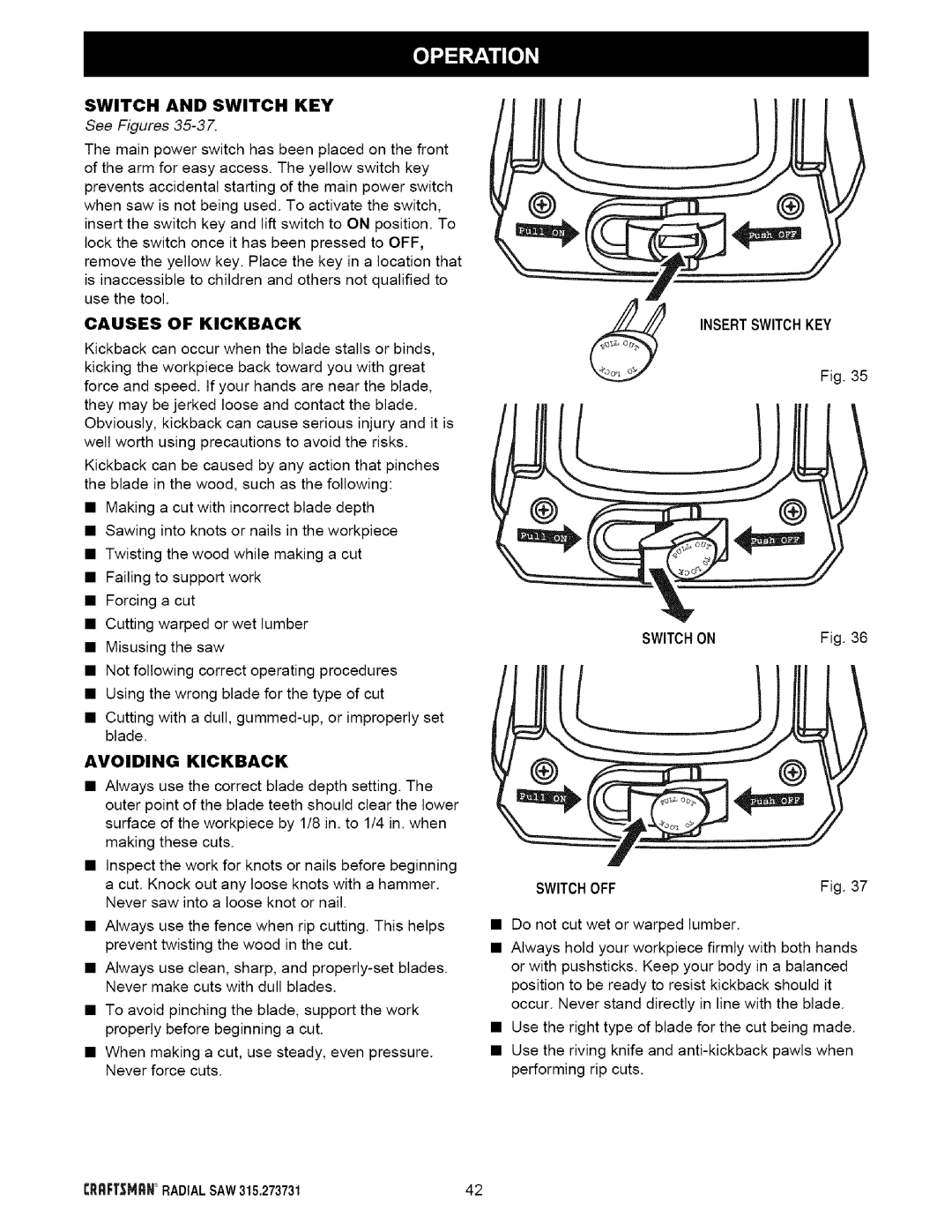 Craftsman 315.273731 Switch and Switch KEY, Causes of Kickback, Avoiding Kickback, Insertswitchkey, Switchon Switchoff 