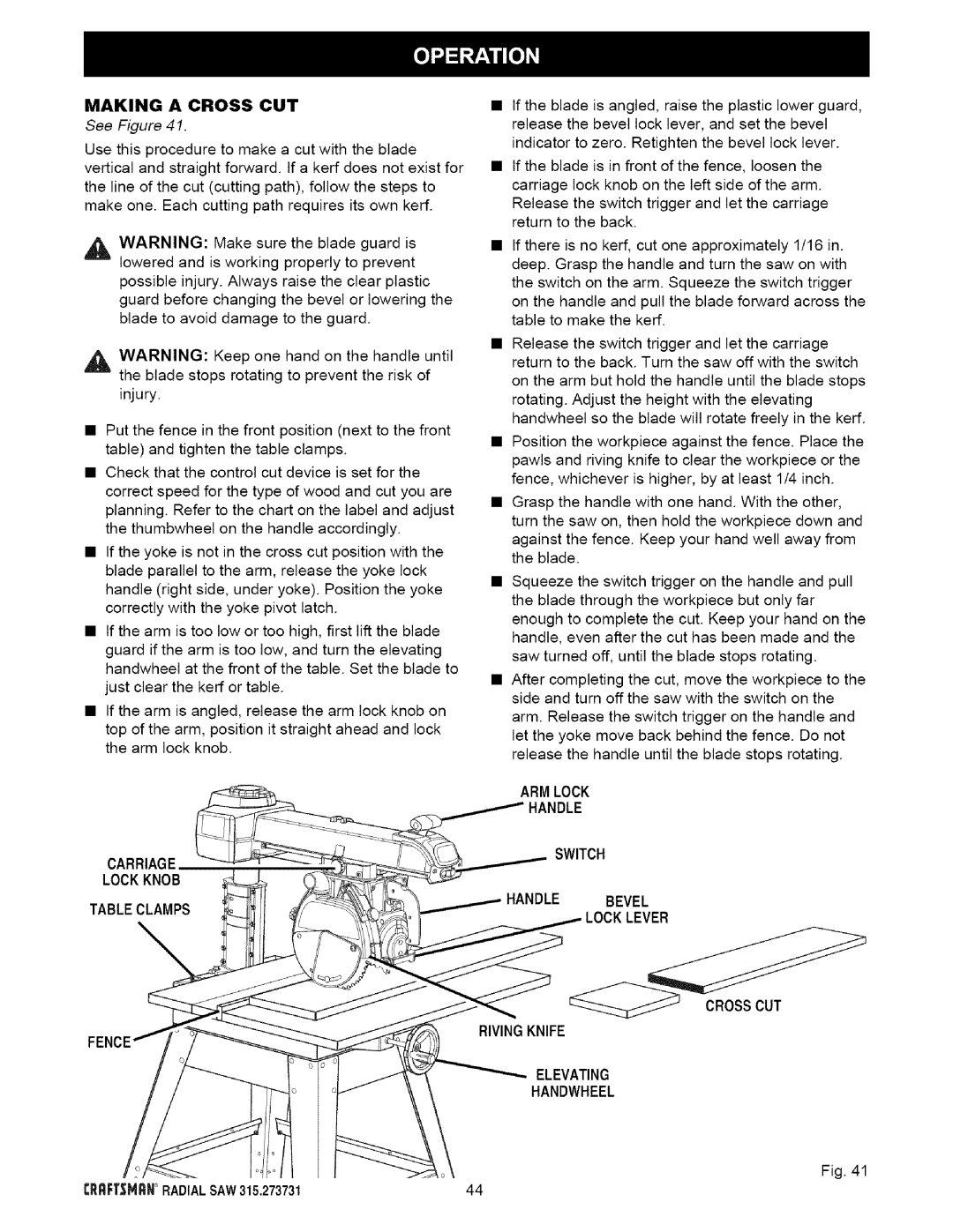 Craftsman 315.273731 owner manual Making a Cross CUT, Tableclamps 