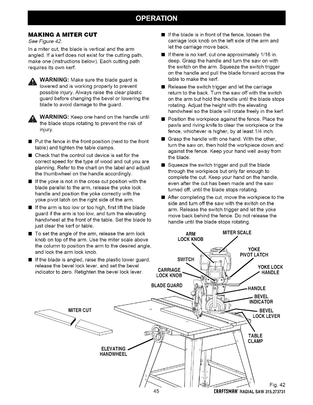 Craftsman 315.273731 Making a Miter CUT, Armmiterscale Lockknob Yoke Pivot Latch, Carriage Yokelock, Clamp Elevating 