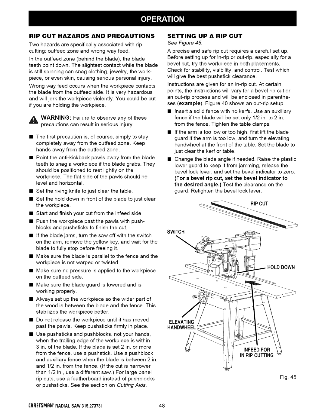 Craftsman 315.273731 owner manual RiP CUT Hazards and Precautions 