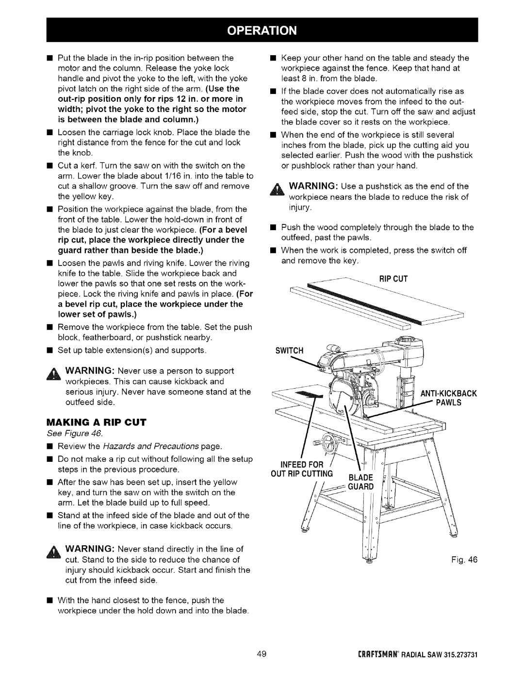 Craftsman 315.273731 owner manual Making a RIP CUT, See Figure Review the Hazards and Precautions 