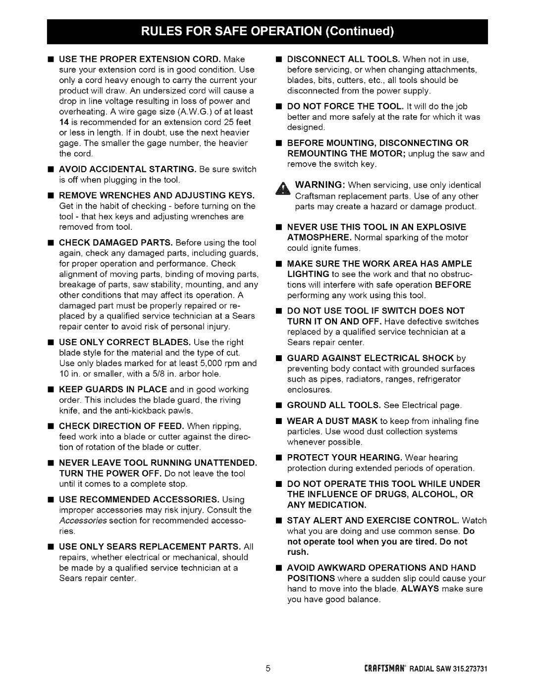 Craftsman owner manual 5CRRFI.HRNRADIAL SAW315.273731 