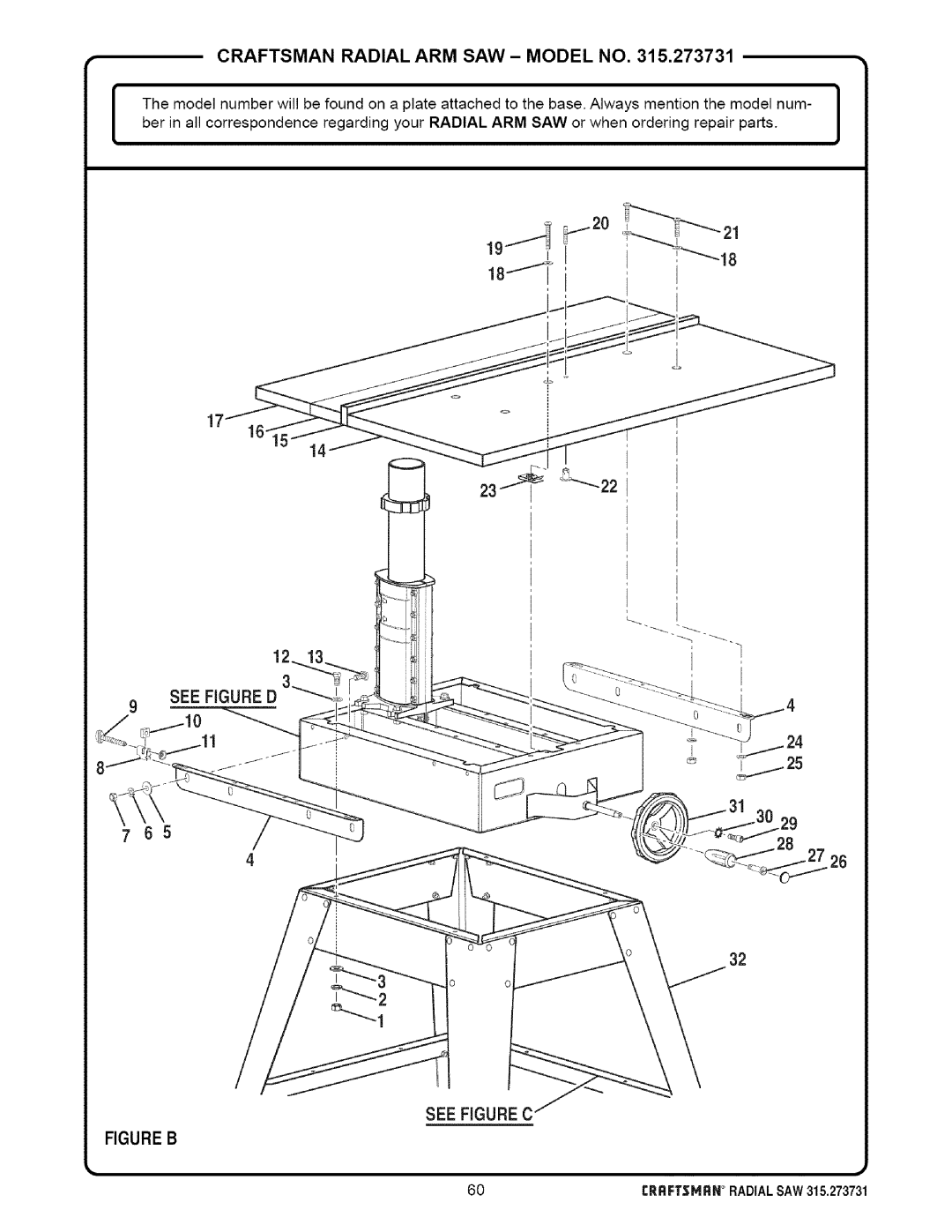 Craftsman 315.273731 owner manual Craftsman Radial ARM SAW- Model no, See Figure C 