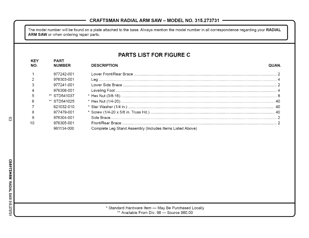 Craftsman 315.273731 owner manual Parts List for Figure C, KEY Part Number 