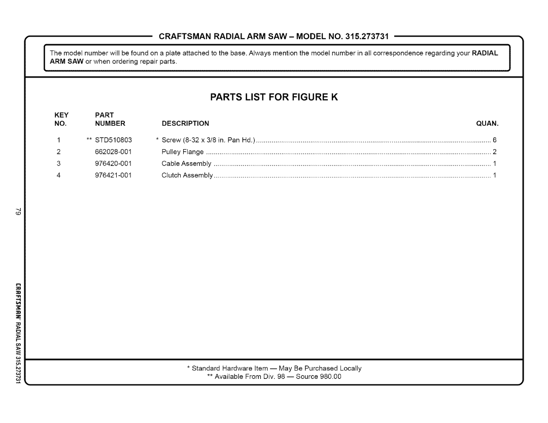 Craftsman 315.273731 owner manual Parts List for Figure K, KEY Part NO. Number 