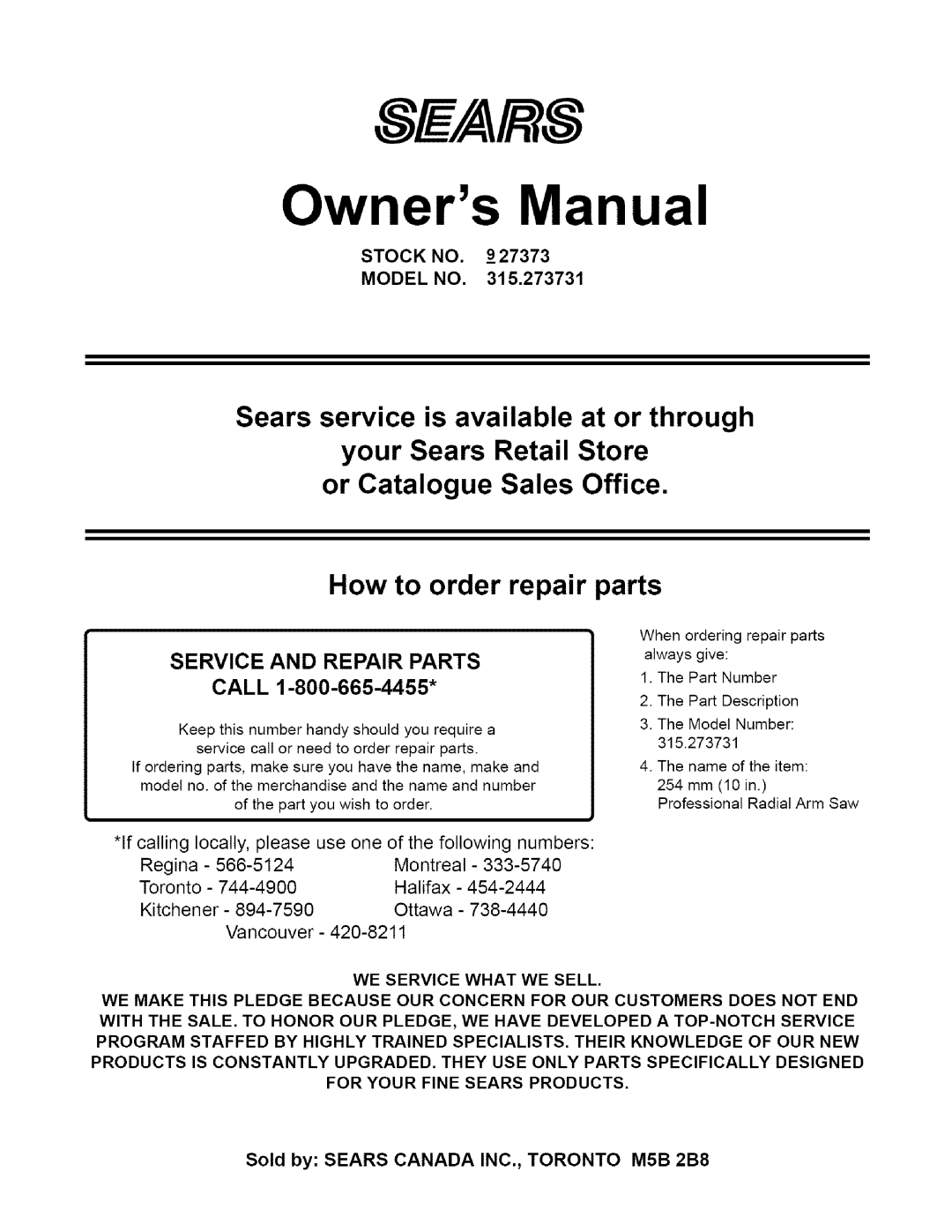 Craftsman 315.273731 owner manual Service and Repair Parts, Call 