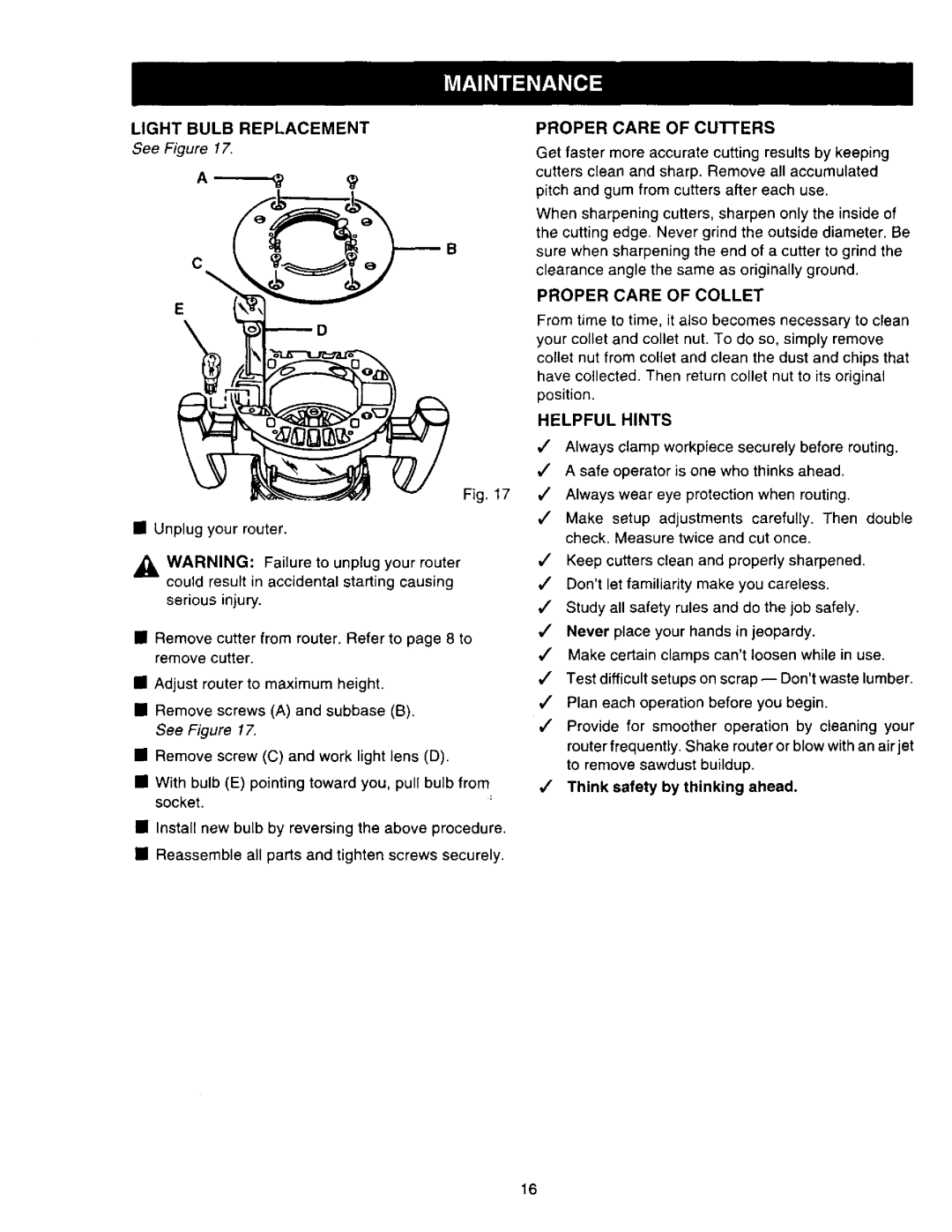 Craftsman 315.275 owner manual Light Bulb Replacement, Proper Care of cunERS, Proper Care of Collet, Helpful Hints 