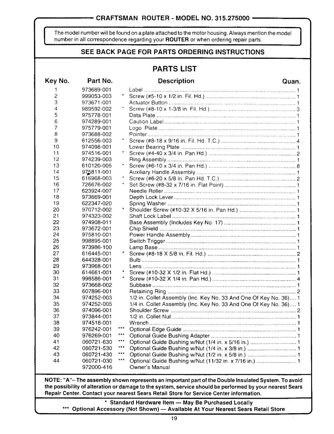 Craftsman 315.275 owner manual Parts List, Craftsman Router Model no, See Back page for Parts Ordering Instructions 